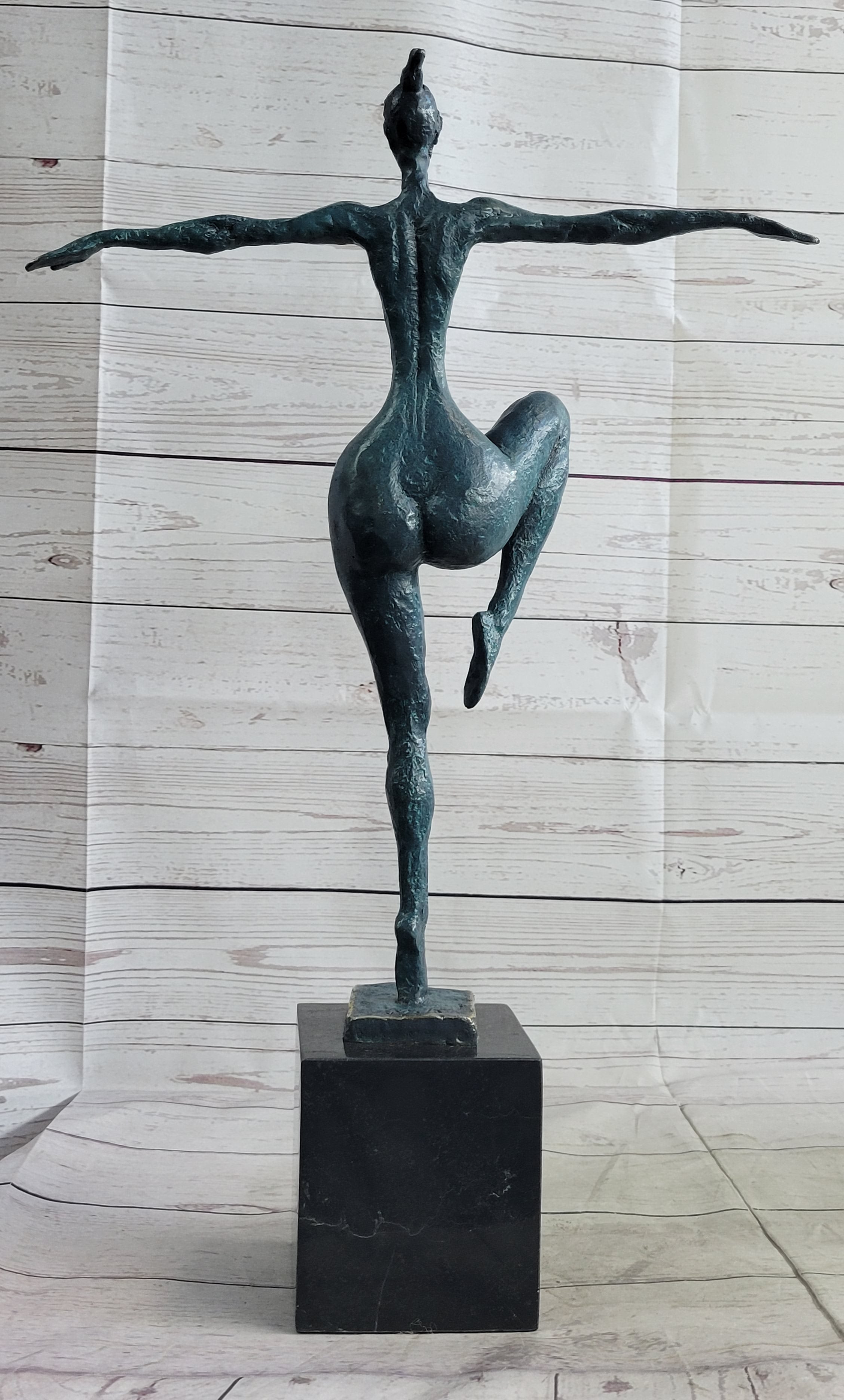 Abstract Surrealist Nude Female Figure Dancer Bronze Sculpture Statue on Marble Base