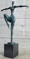 Abstract Surrealist Nude Female Figure Dancer Bronze Sculpture Statue on Marble Base