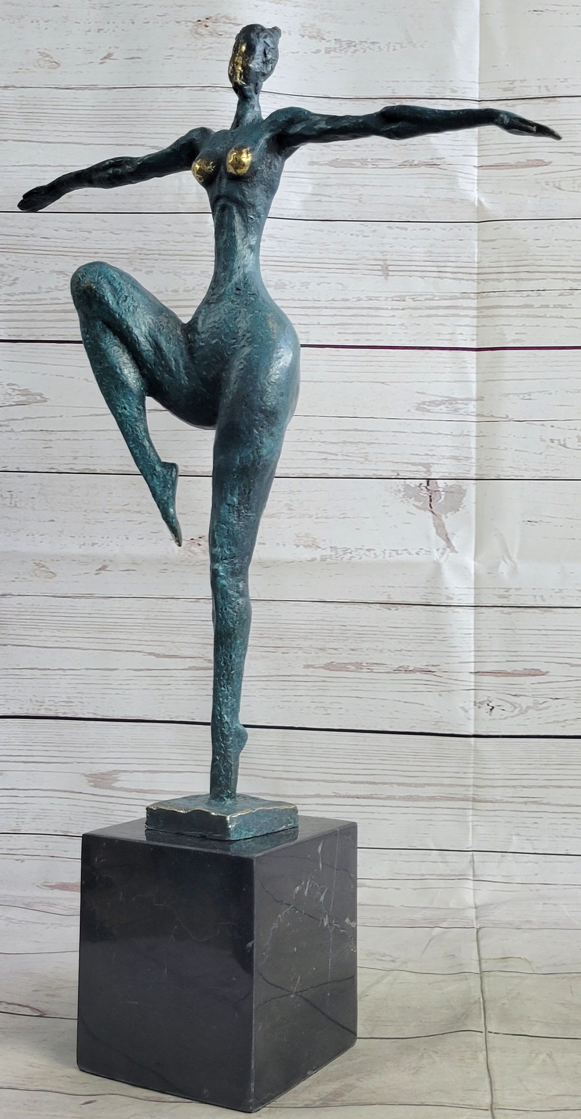 Abstract Surrealist Nude Female Figure Dancer Bronze Sculpture Statue on Marble Base