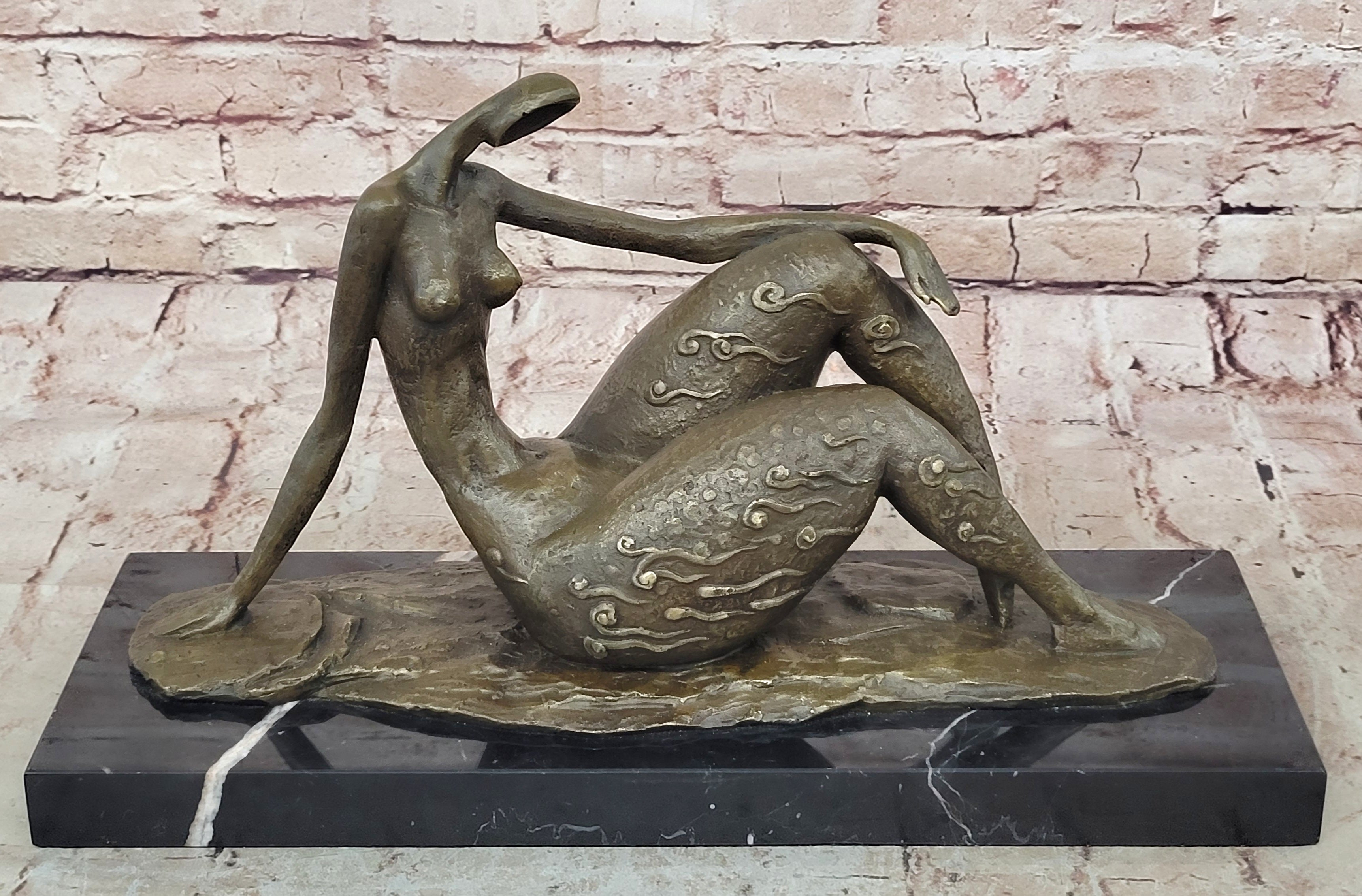 Bronze Abstract Reclining Female Nude Sculpture on Marble Base