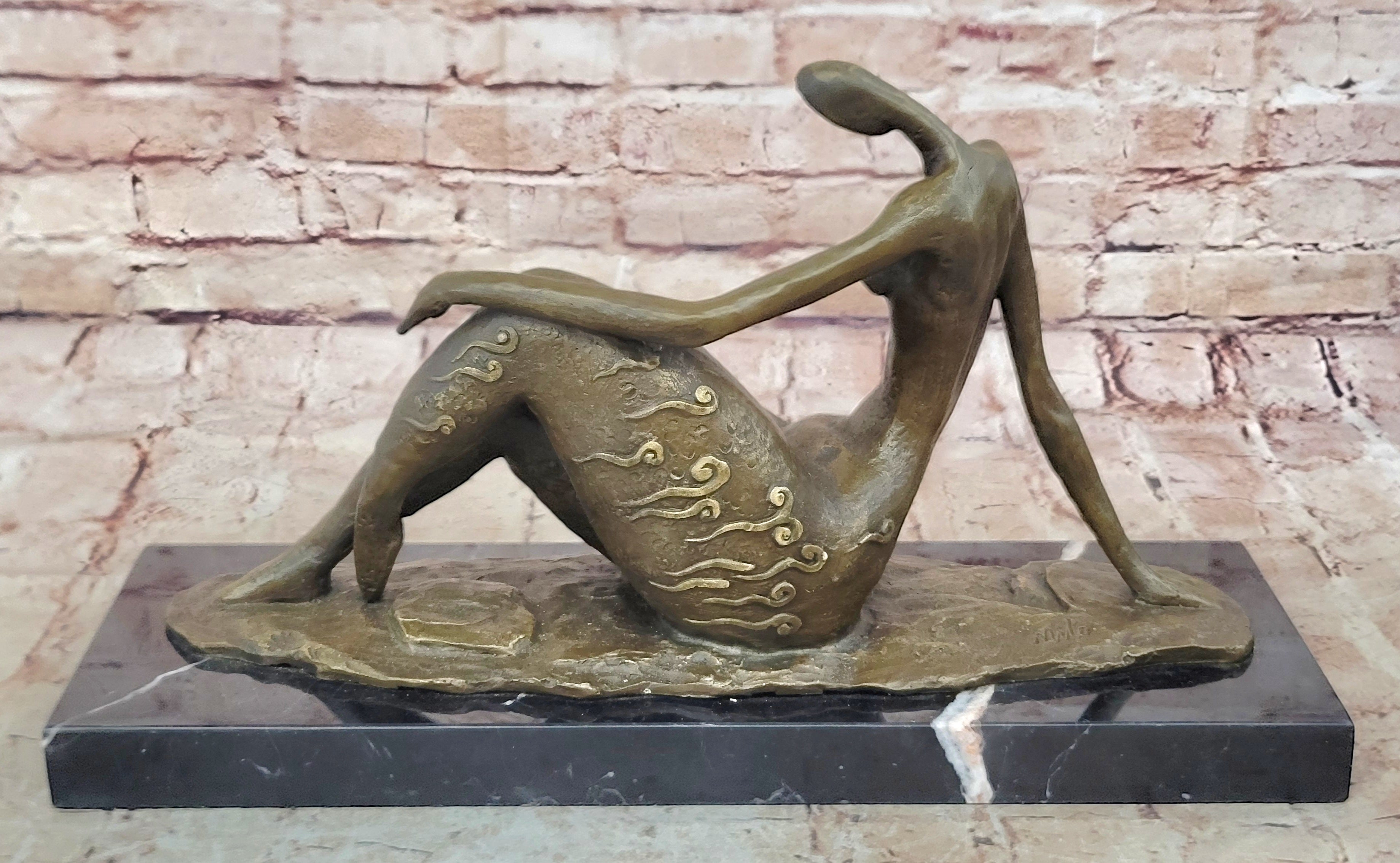 Bronze Abstract Reclining Female Nude Sculpture on Marble Base