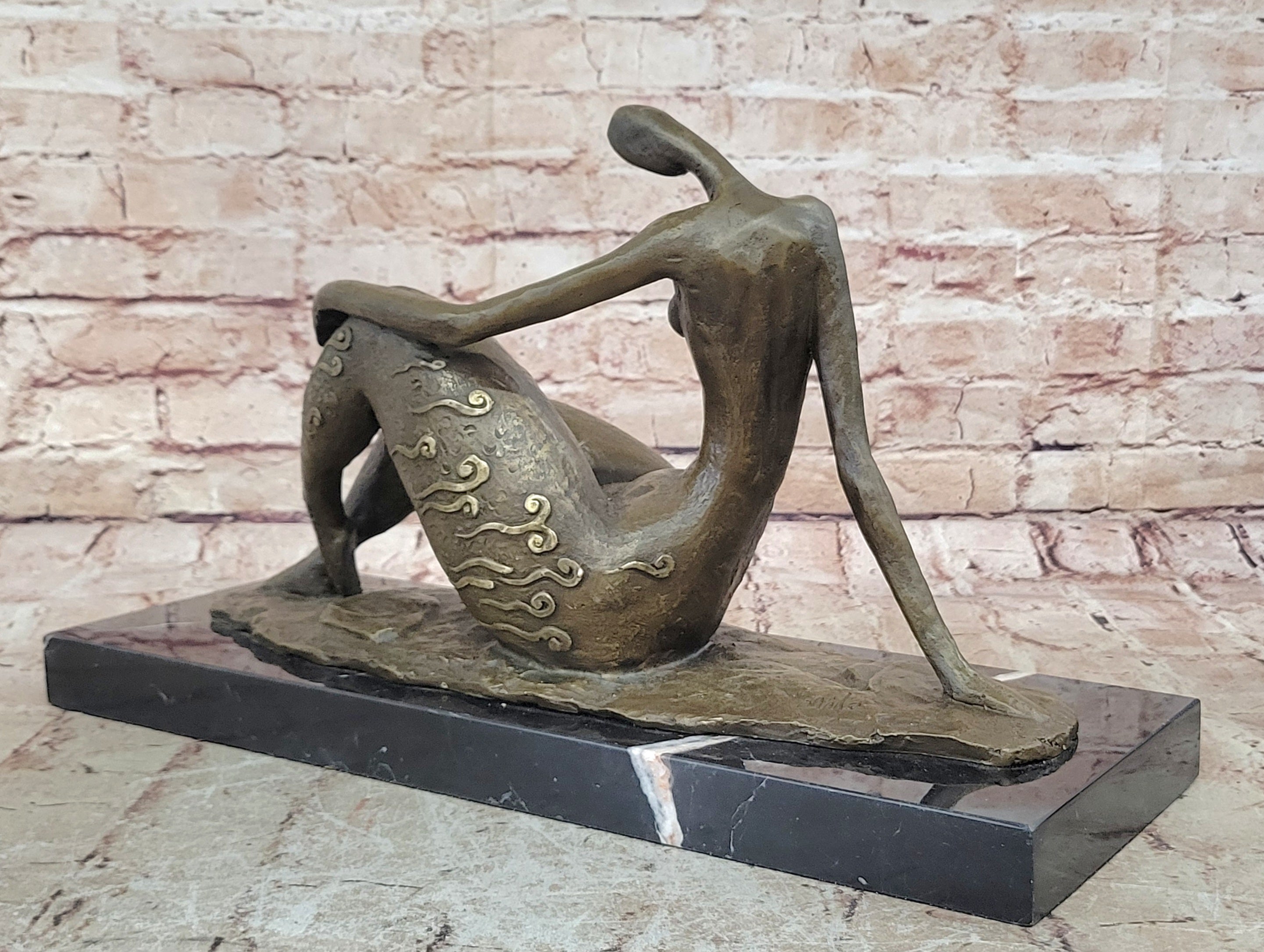 Bronze Abstract Reclining Female Nude Sculpture on Marble Base