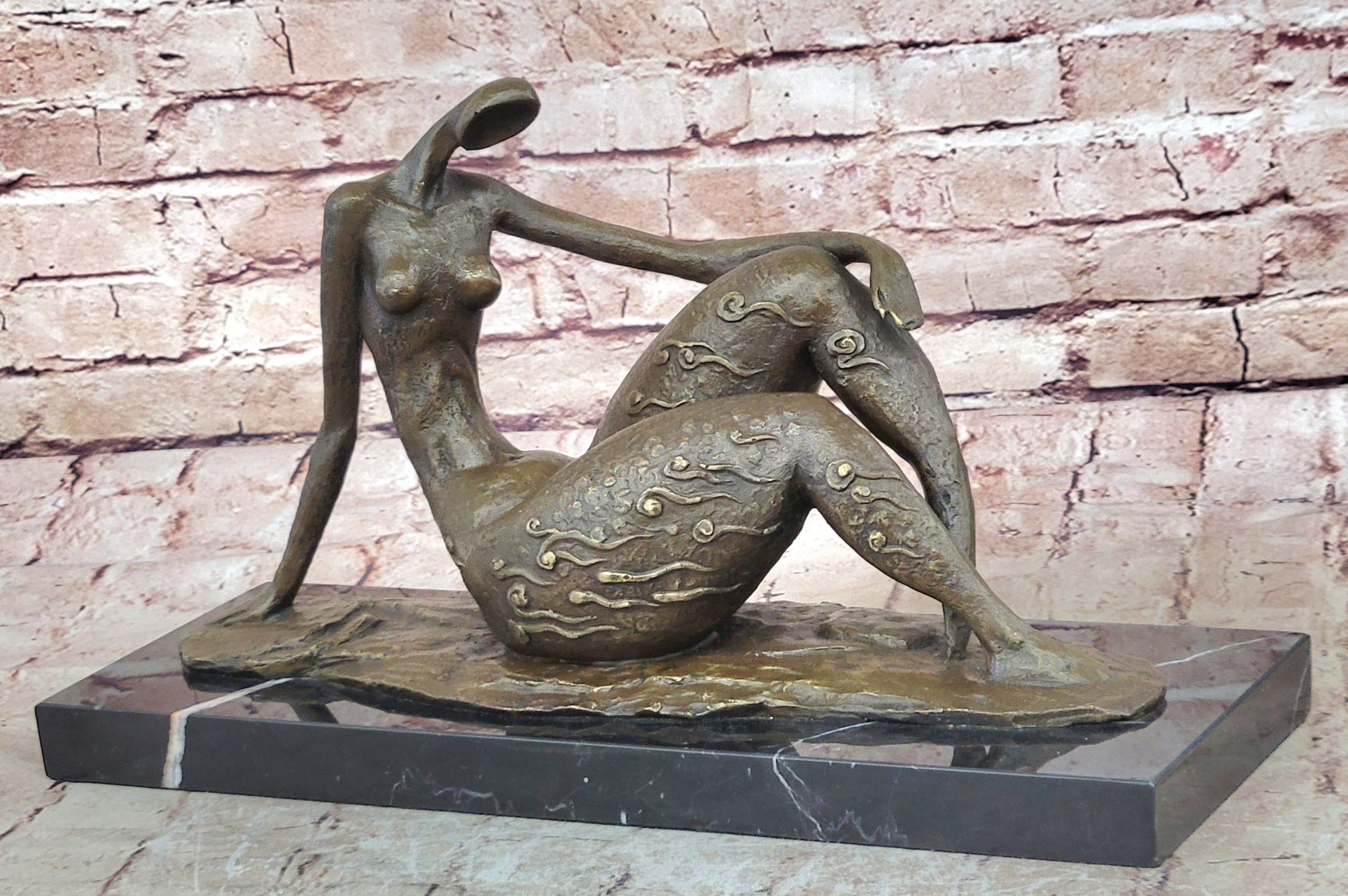 Bronze Abstract Reclining Female Nude Sculpture on Marble Base