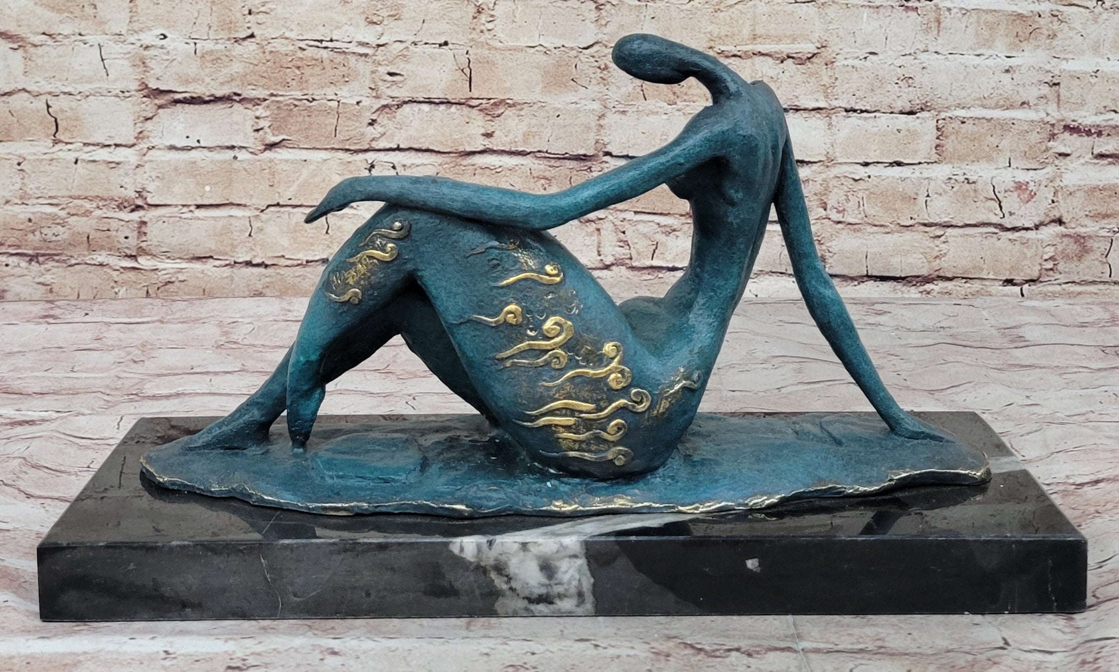 ORIGINAL ART DECO MODERN ABSTRACT NUDE FEMALE FIGURE BRONZE STATUE GREEN PATINA