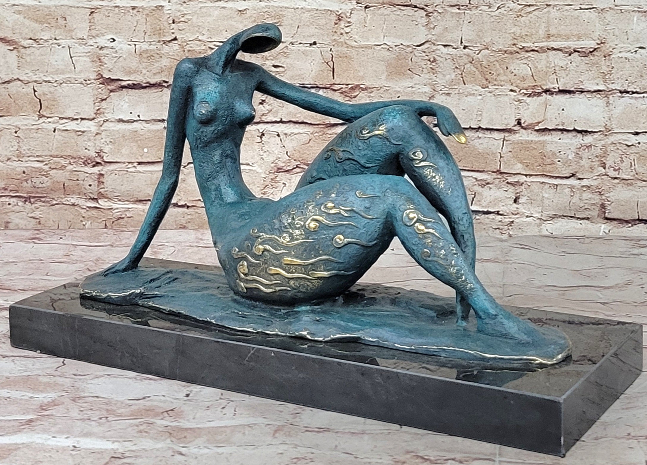 ORIGINAL ART DECO MODERN ABSTRACT NUDE FEMALE FIGURE BRONZE STATUE GREEN PATINA