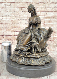 Bronze Sculpture of Victorian Lady with Dog A. Moreau