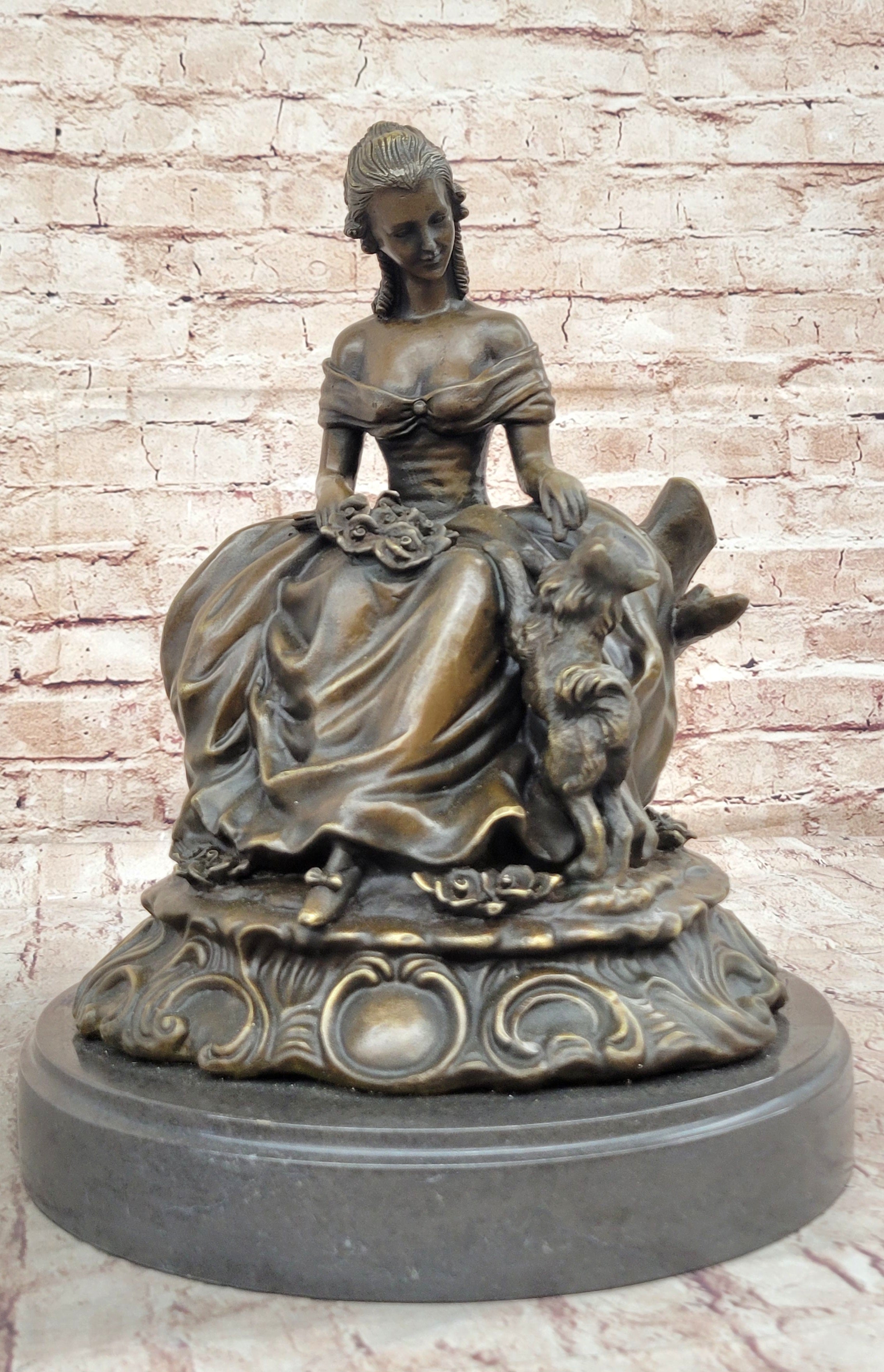 Bronze Sculpture of Victorian Lady with Dog A. Moreau