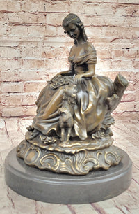 Bronze Sculpture of Victorian Lady with Dog A. Moreau