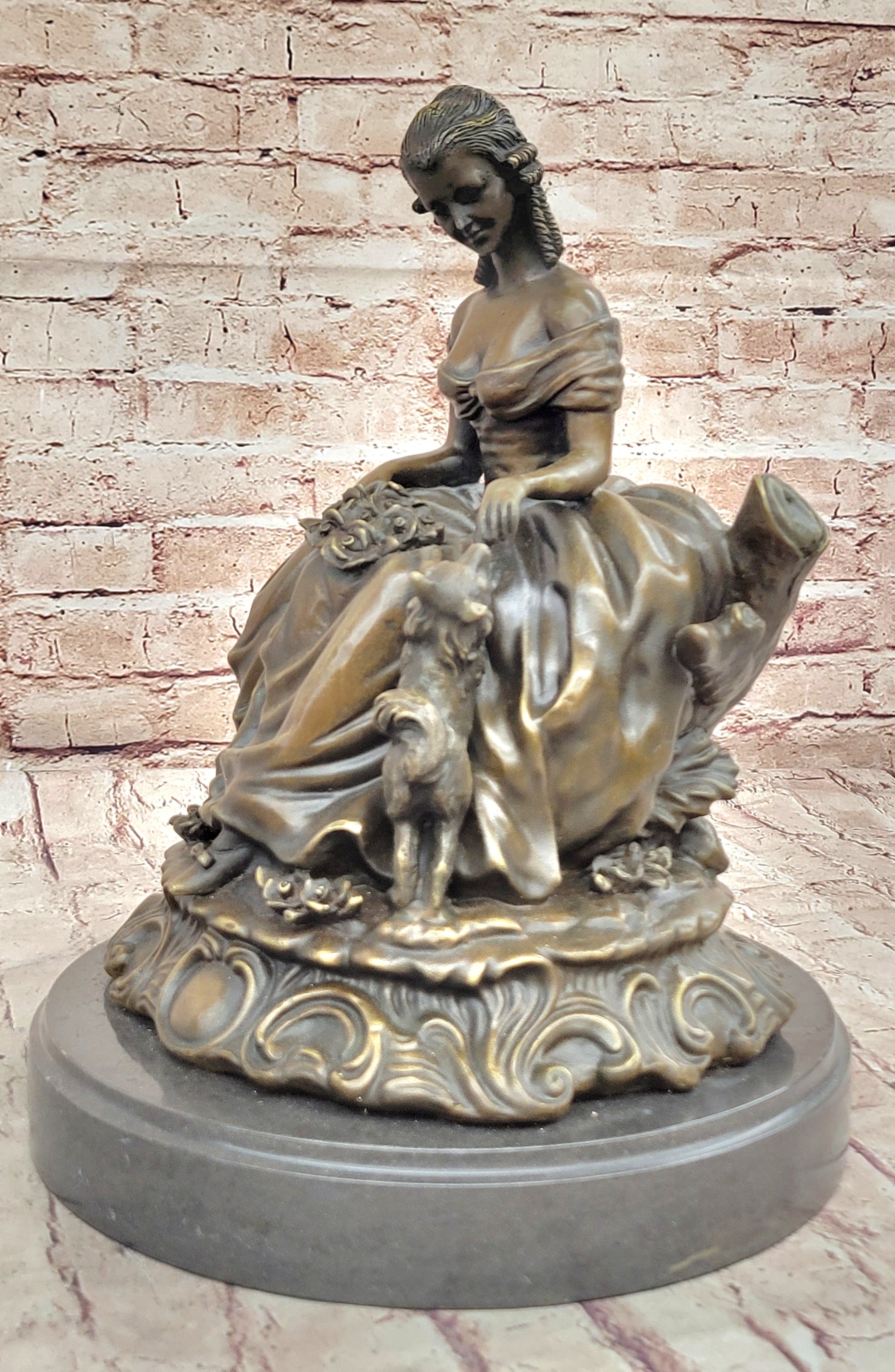 Bronze Sculpture of Victorian Lady with Dog A. Moreau