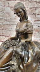 Bronze Sculpture of Victorian Lady with Dog A. Moreau