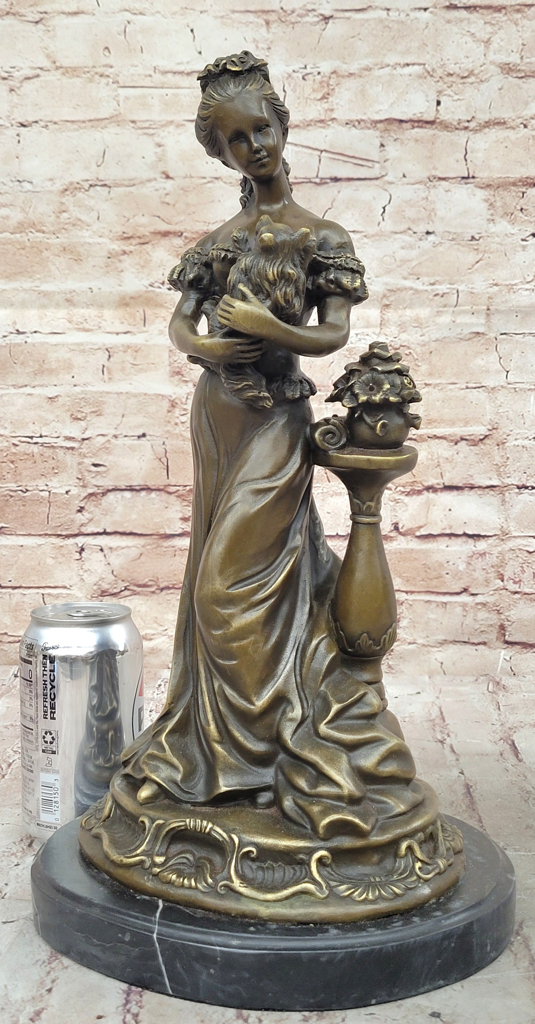 Victorian Edwardian Young Woman Holding Puppy - Bronze by Milo