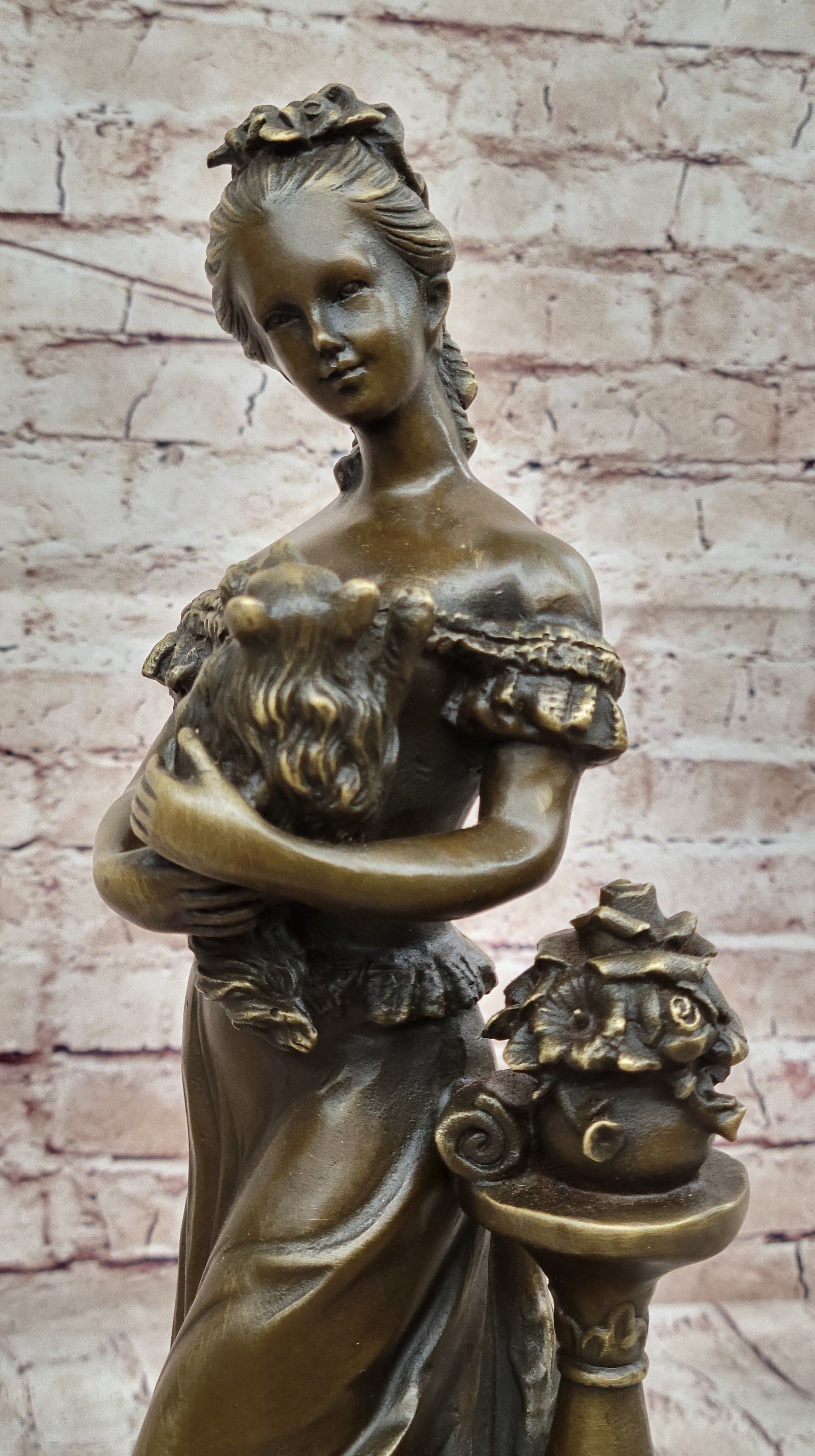 Victorian Edwardian Young Woman Holding Puppy - Bronze by Milo