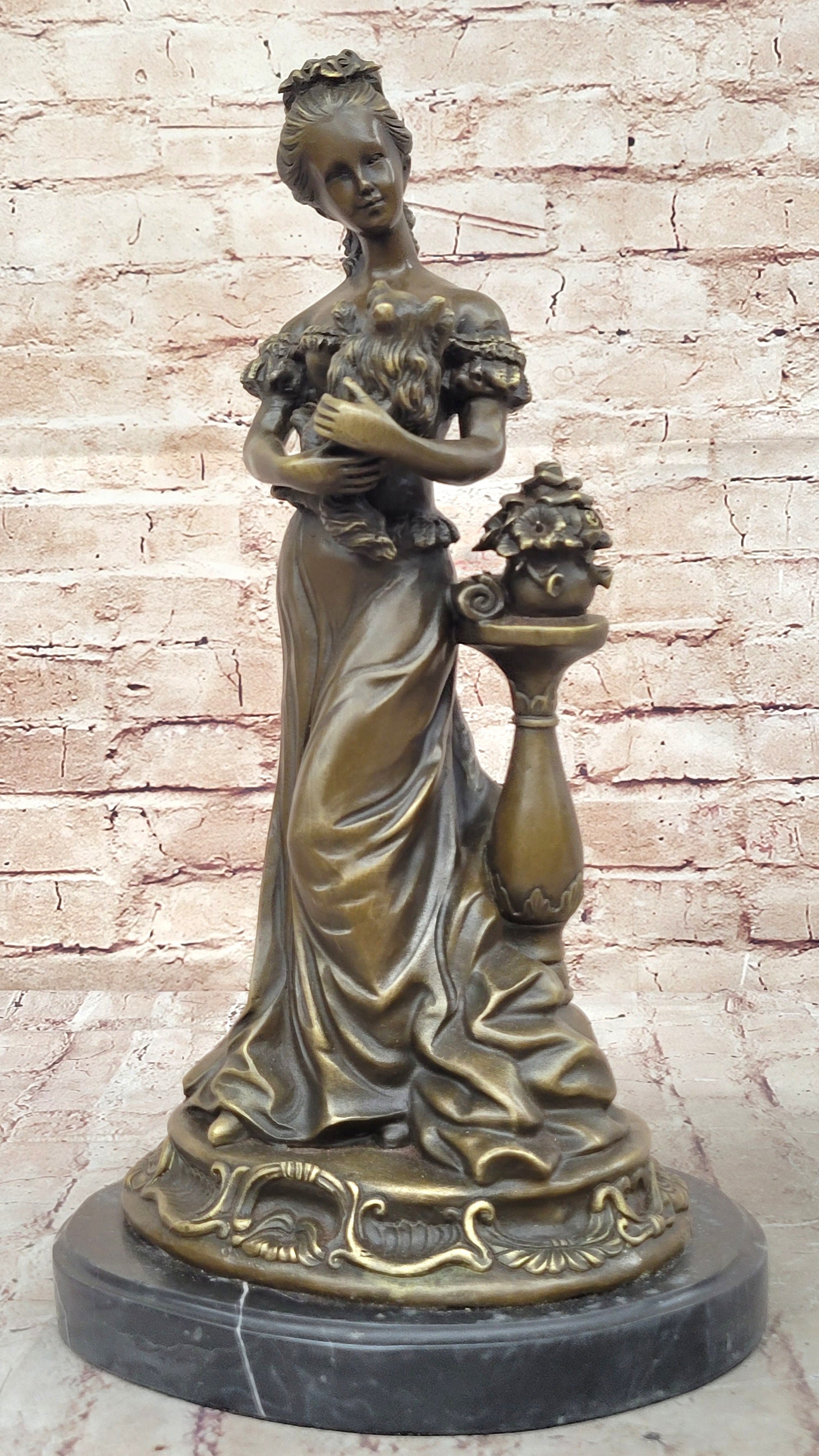 Victorian Edwardian Young Woman Holding Puppy - Bronze by Milo