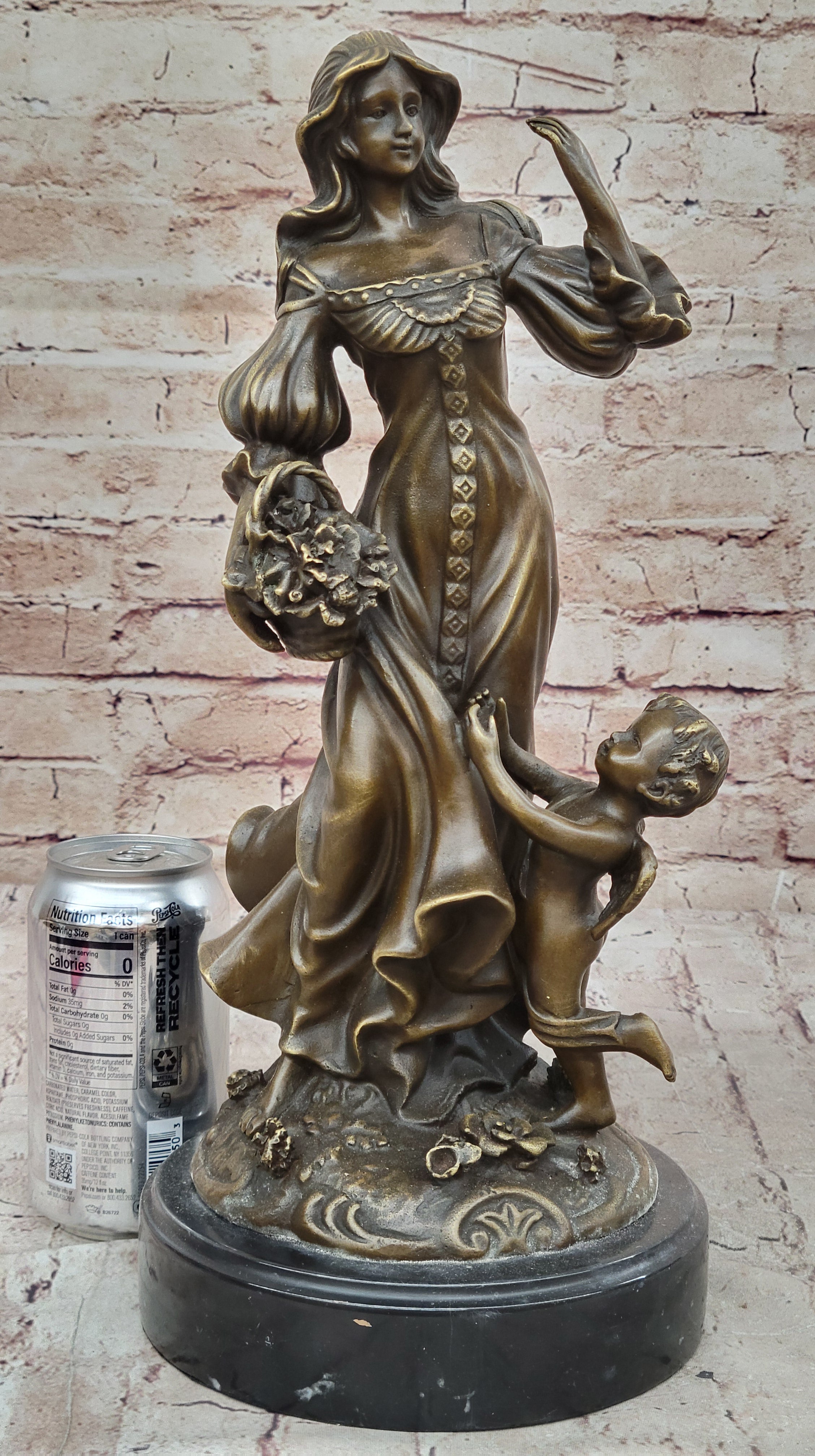 Young Woman w/ Flower Basket & Winged Cherub - Bronze by Milo