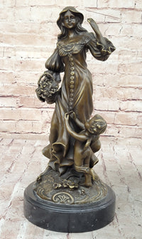 Young Woman w/ Flower Basket & Winged Cherub - Bronze by Milo
