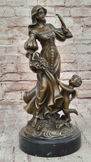 Young Woman w/ Flower Basket & Winged Cherub - Bronze by Milo