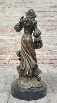 Young Woman w/ Flower Basket & Winged Cherub - Bronze by Milo