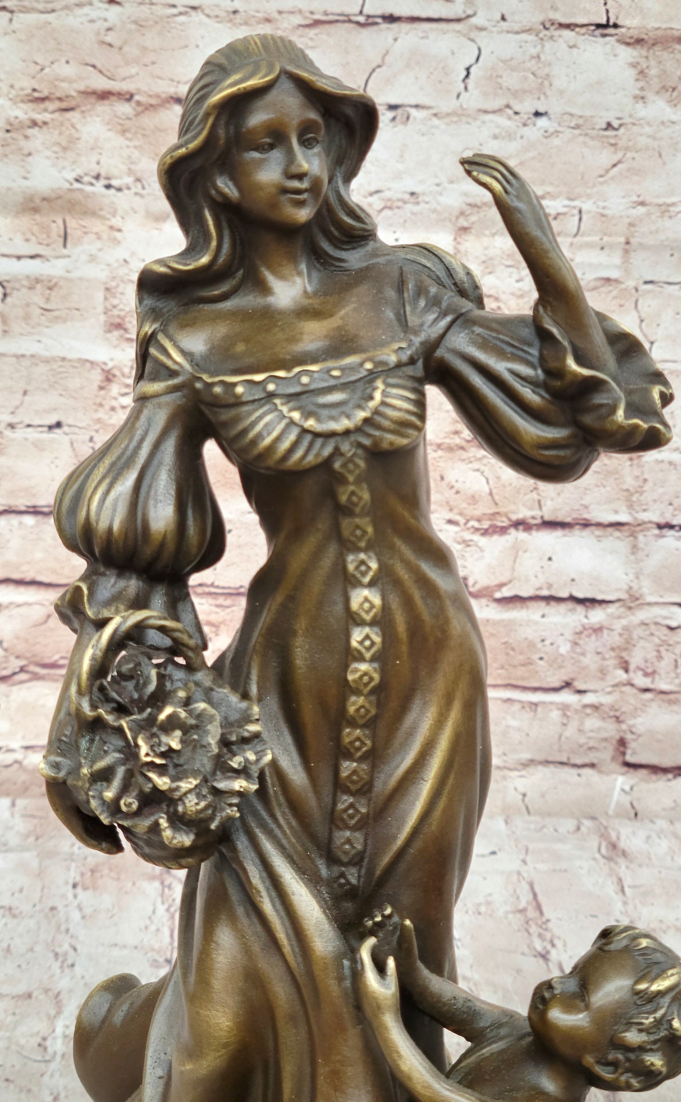 Young Woman w/ Flower Basket & Winged Cherub - Bronze by Milo