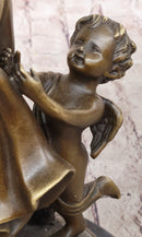 Young Woman w/ Flower Basket & Winged Cherub - Bronze by Milo