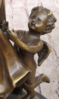 Young Woman w/ Flower Basket & Winged Cherub - Bronze by Milo