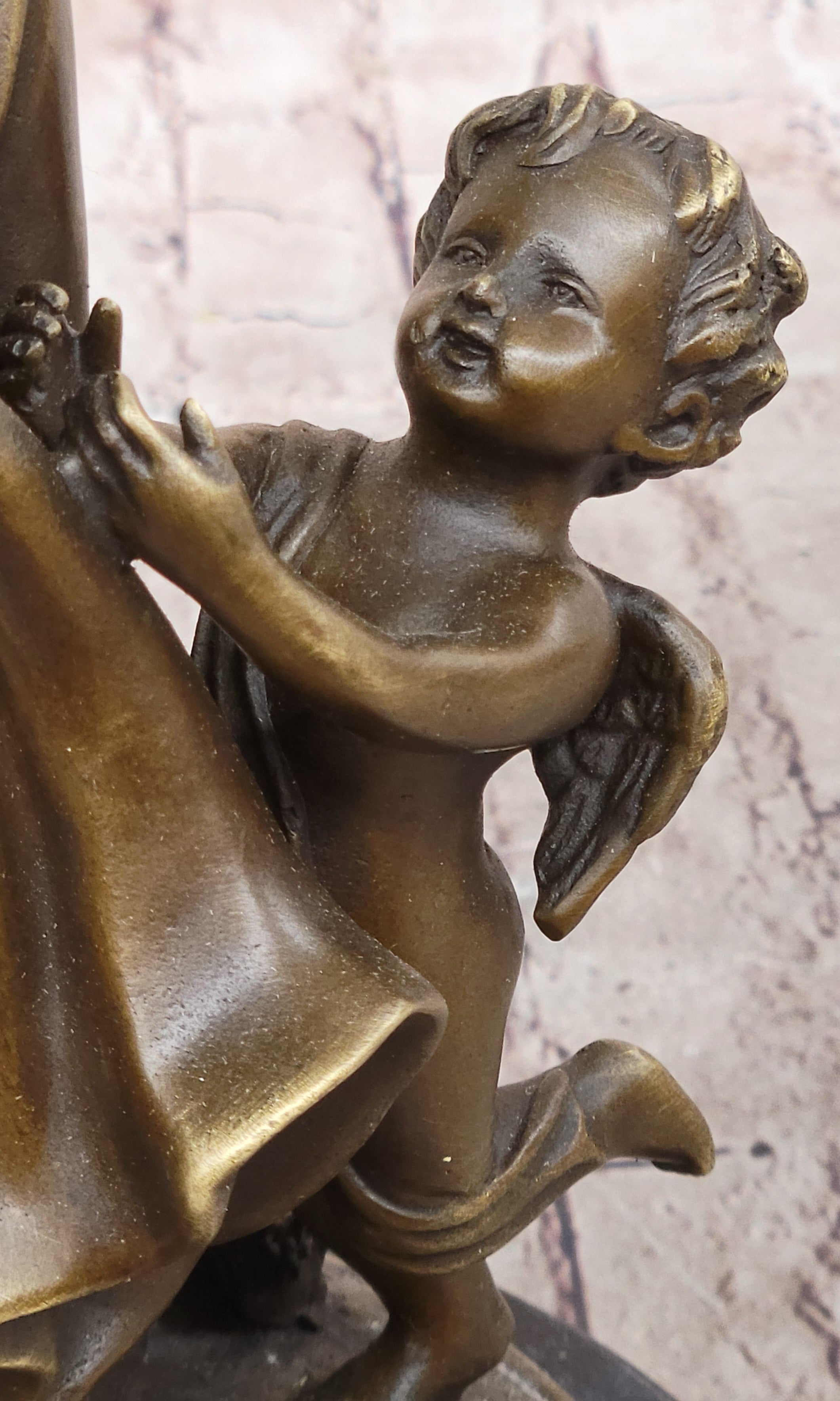 Young Woman w/ Flower Basket & Winged Cherub - Bronze by Milo