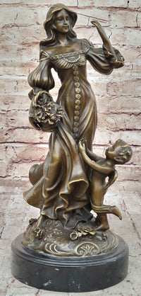 Young Woman w/ Flower Basket & Winged Cherub - Bronze by Milo