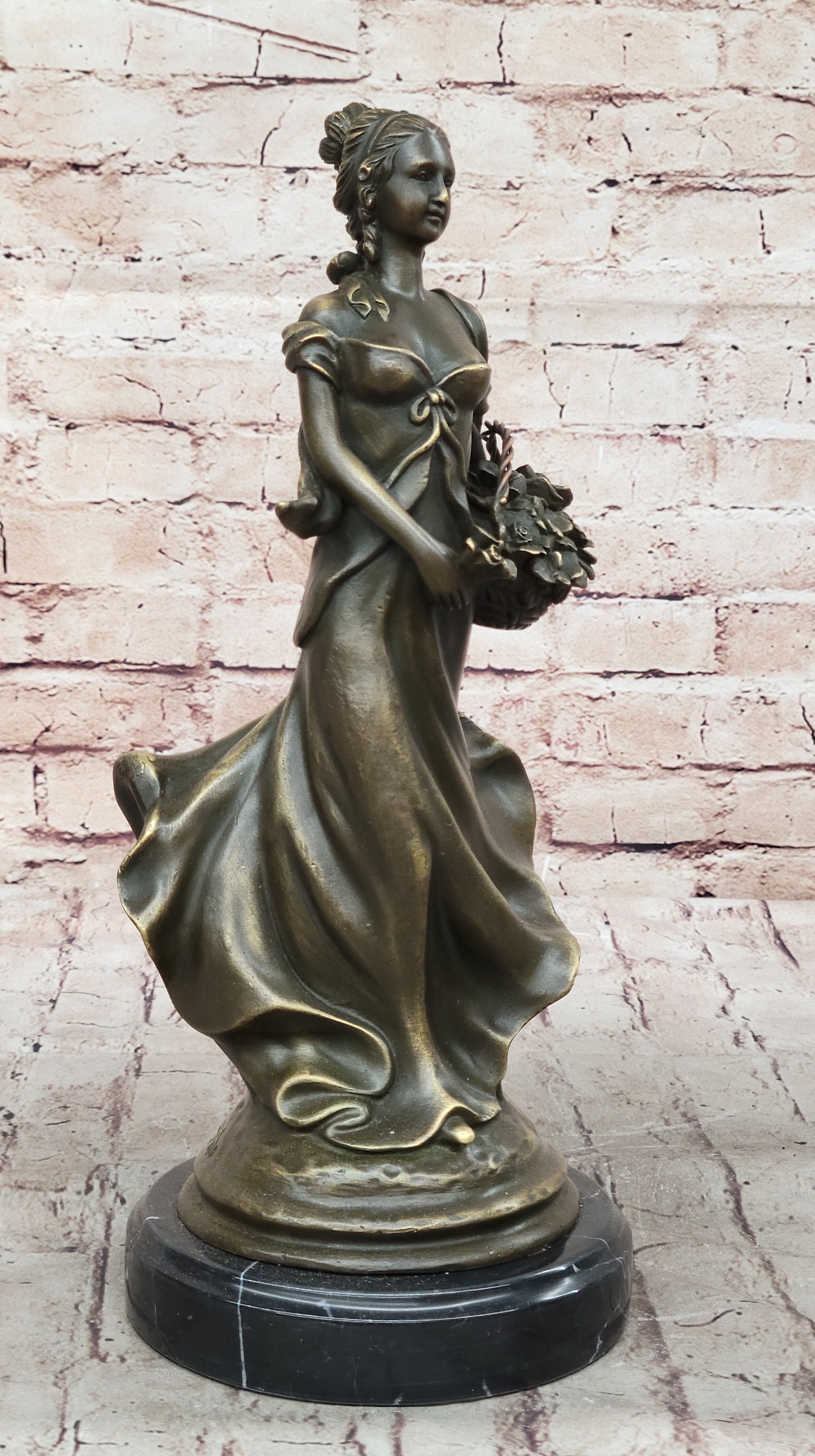 Young Woman Carrying Basket of Flowers - Bronze Sculpture by Milo