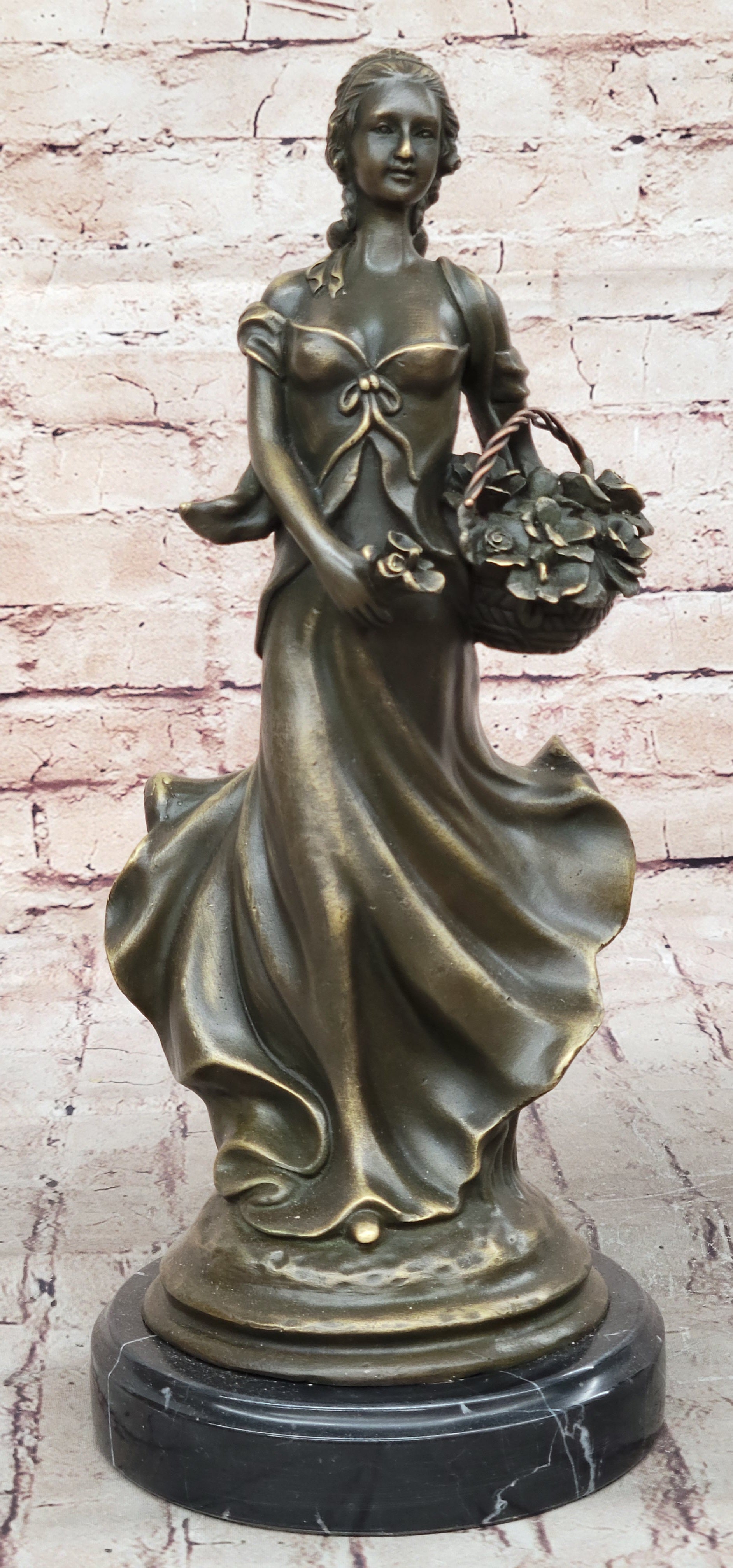 Young Woman Carrying Basket of Flowers - Bronze Sculpture by Milo