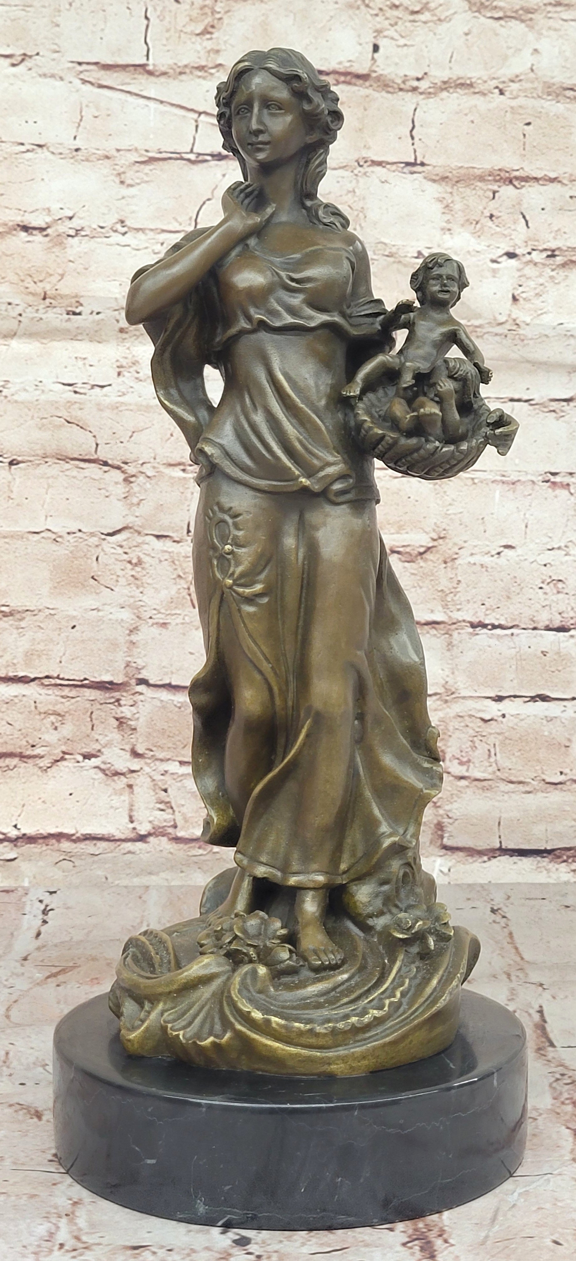 Bronze Mother and Child in Basket - Elegant Sculpture