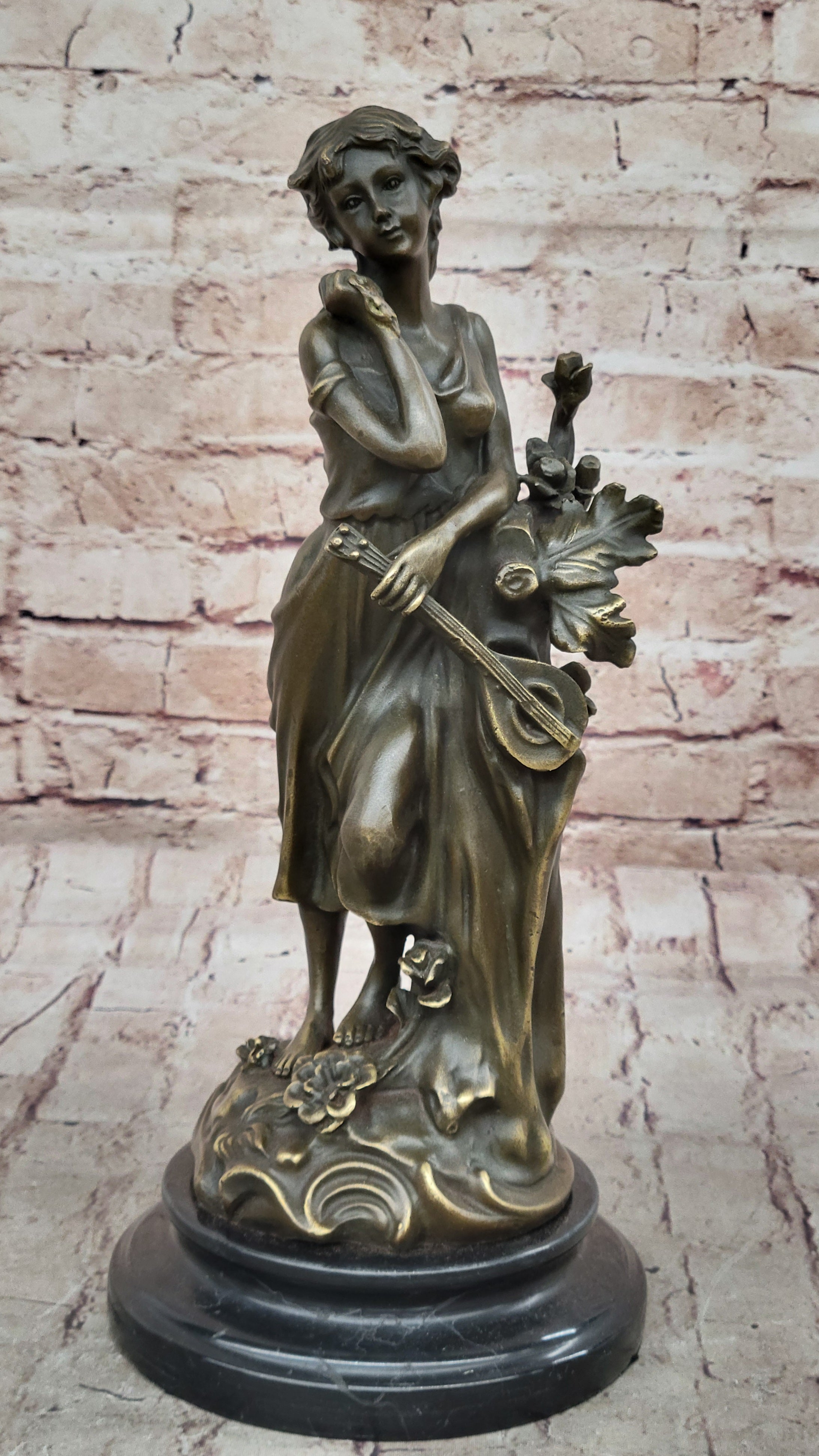 Young Woman Holding Banjo Guitar - Bronze Sculpture by Milo
