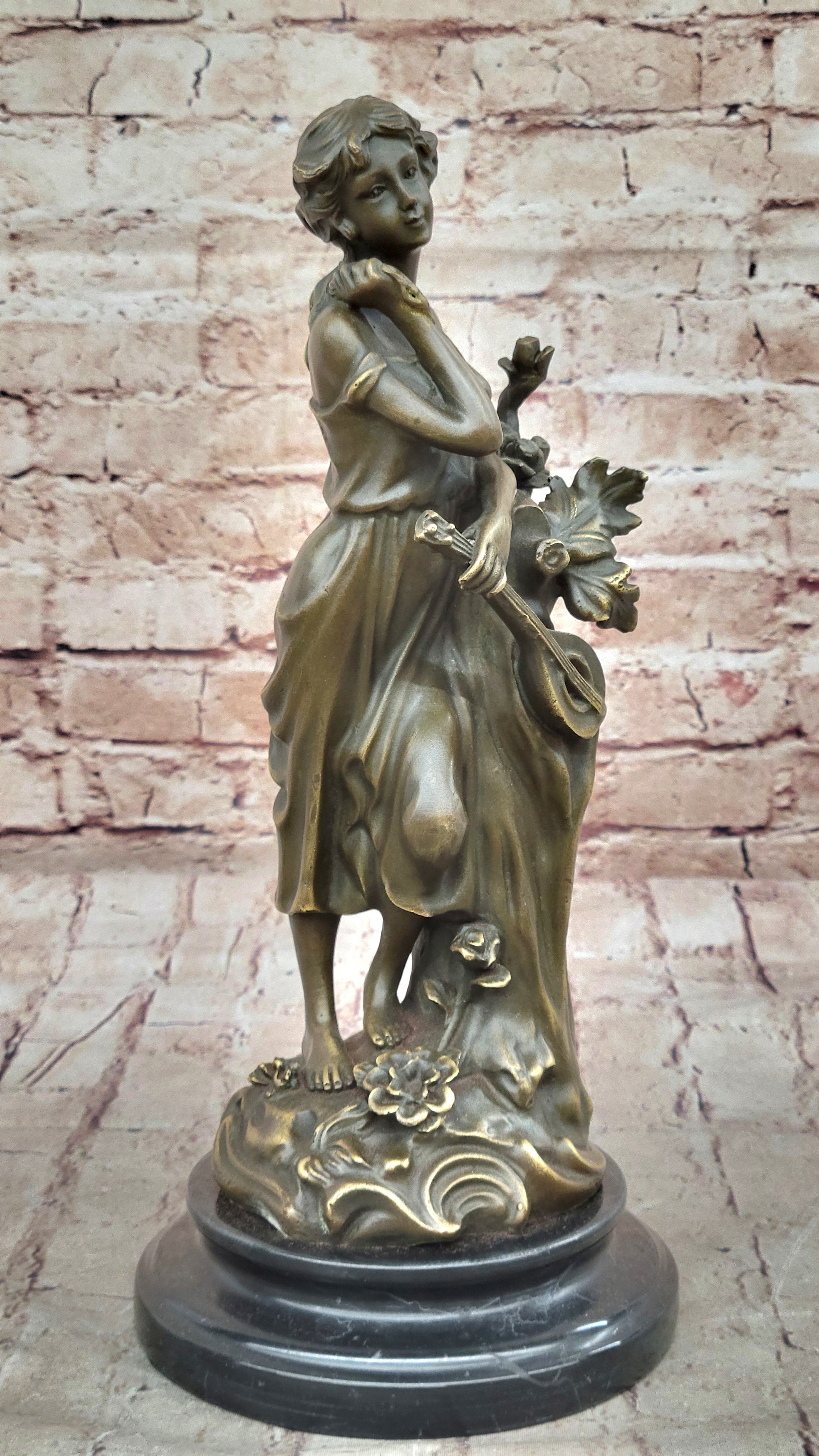 Young Woman Holding Banjo Guitar - Bronze Sculpture by Milo