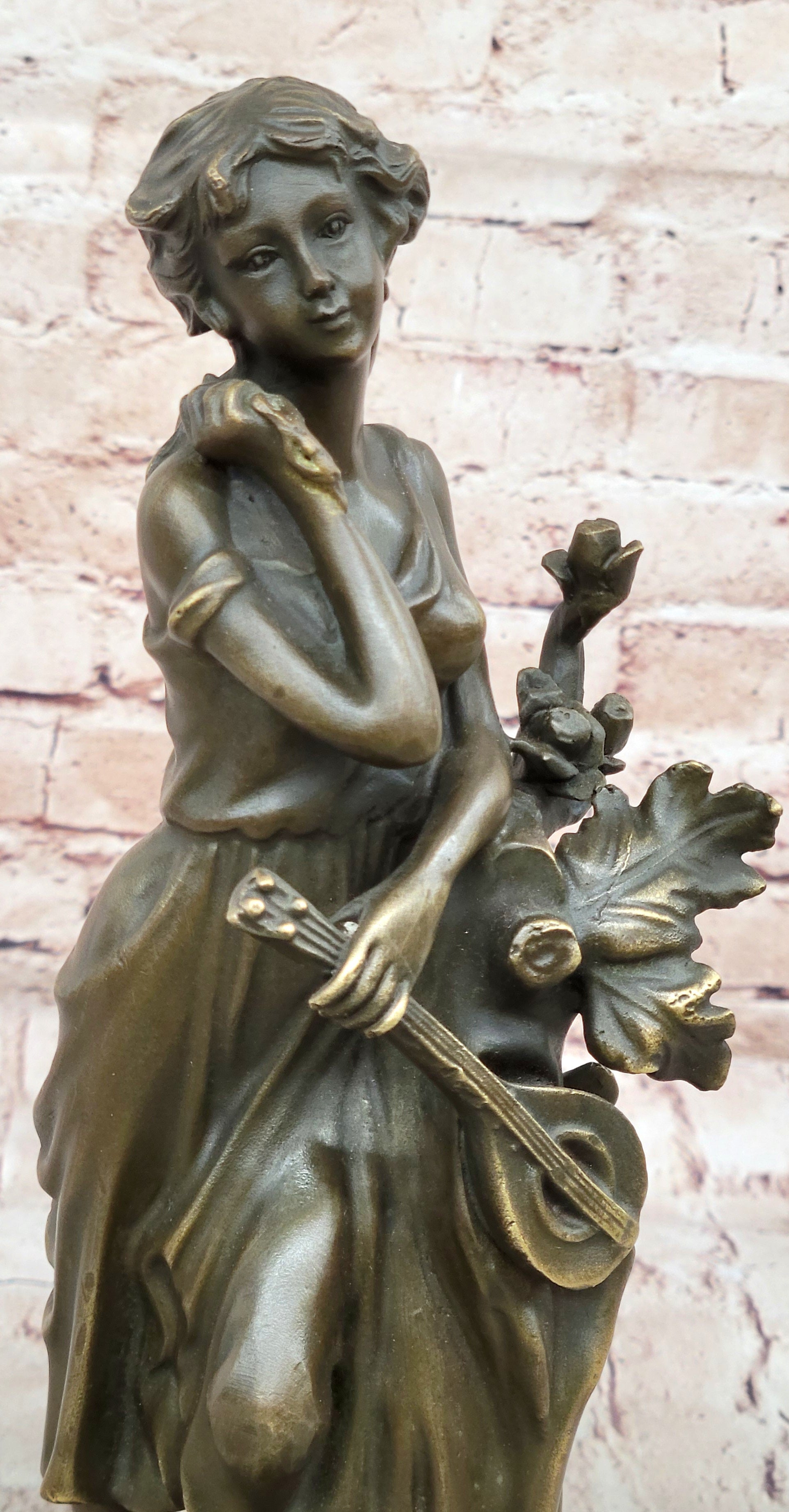 Young Woman Holding Banjo Guitar - Bronze Sculpture by Milo
