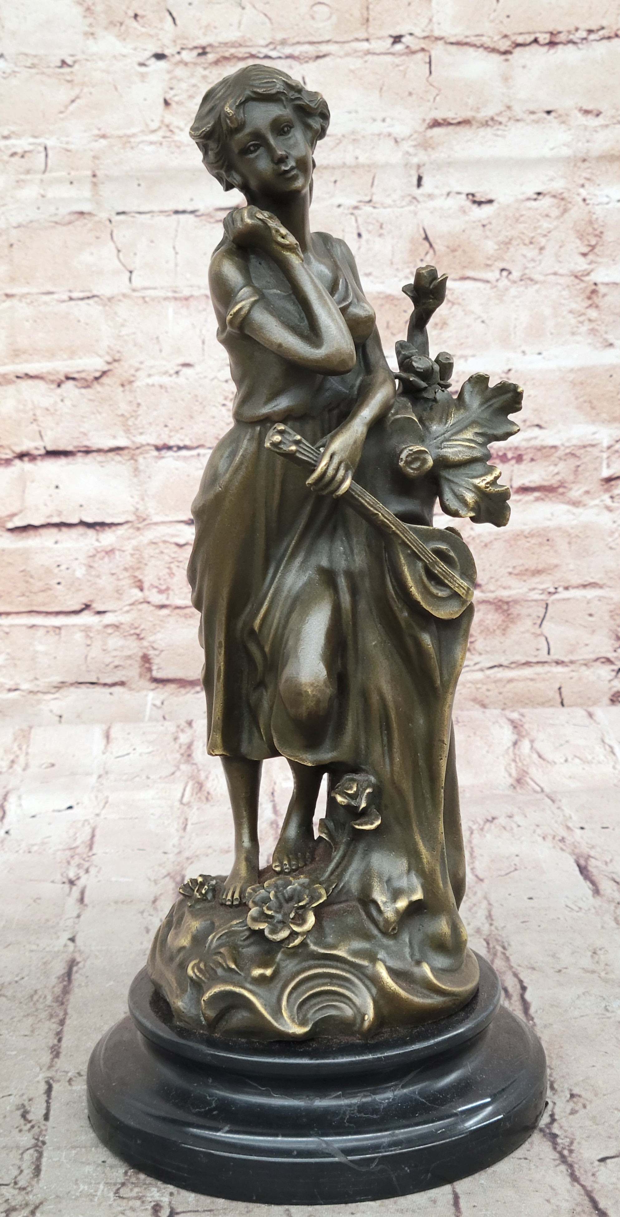 Young Woman Holding Banjo Guitar - Bronze Sculpture by Milo