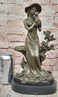 Young Lady Holding Puppy Dog - Signed Bronze Sculpture on Marble