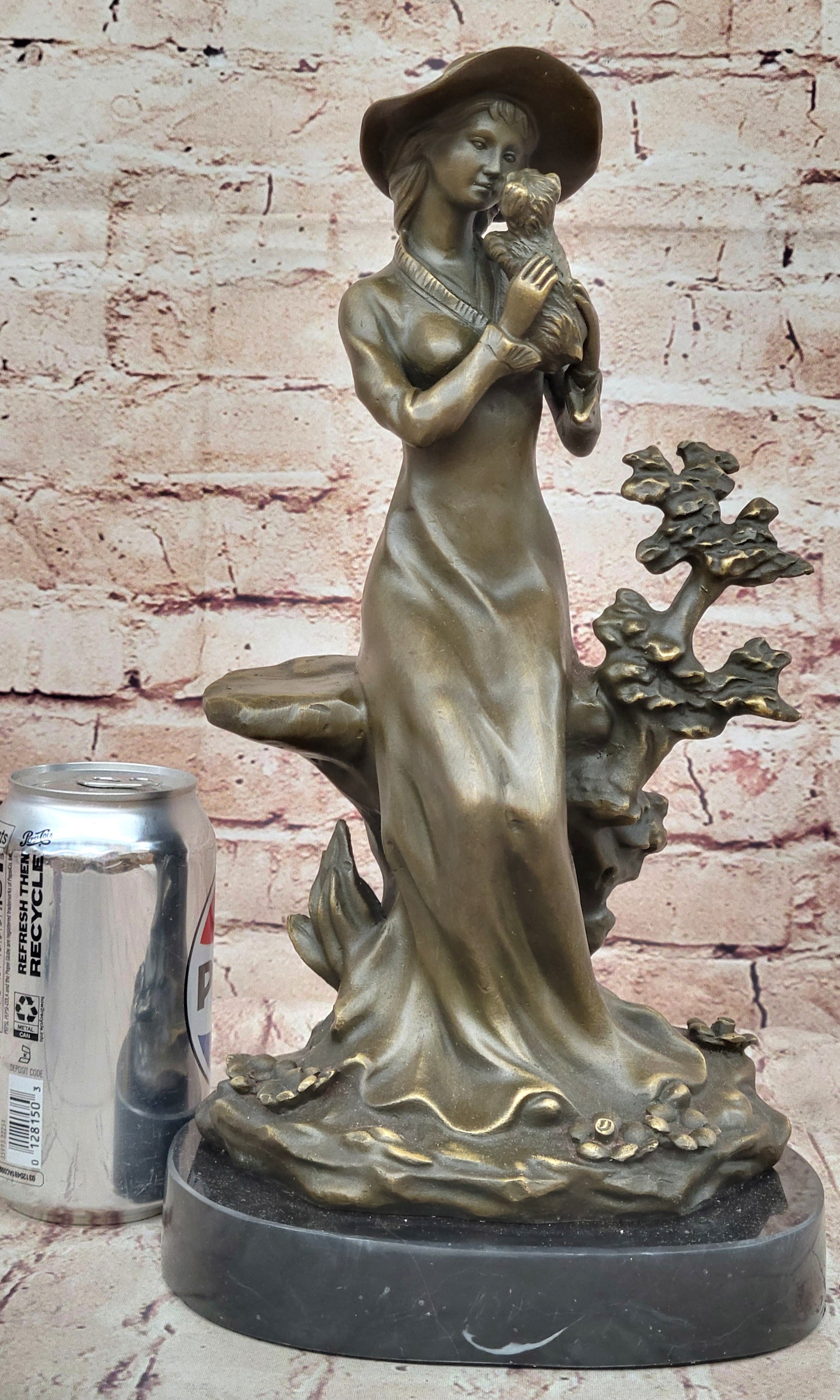 Young Lady Holding Puppy Dog - Signed Bronze Sculpture on Marble