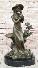 Young Lady Holding Puppy Dog - Signed Bronze Sculpture on Marble