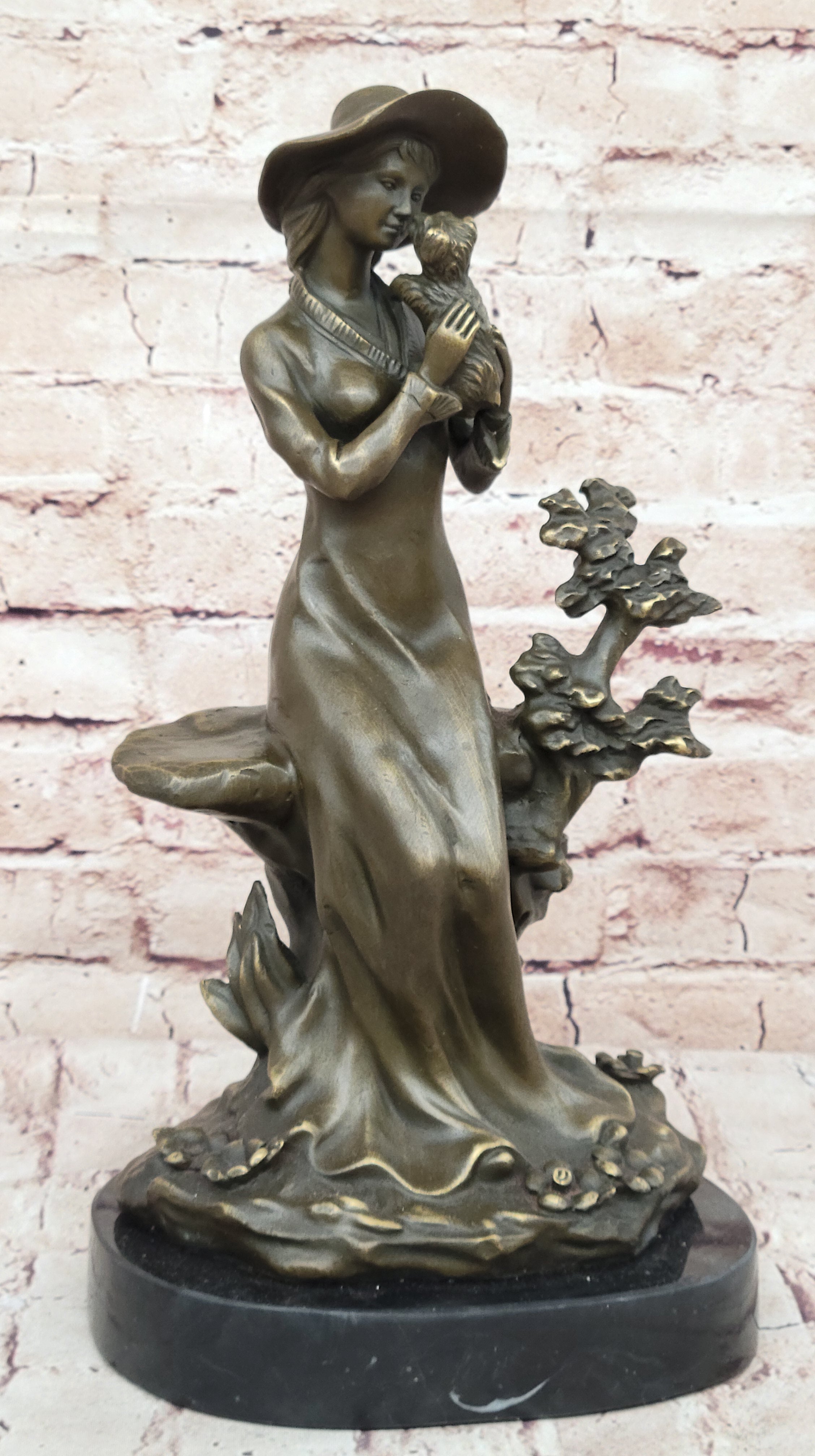 Young Lady Holding Puppy Dog - Signed Bronze Sculpture on Marble