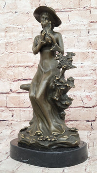 Young Lady Holding Puppy Dog - Signed Bronze Sculpture on Marble