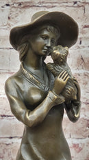 Young Lady Holding Puppy Dog - Signed Bronze Sculpture on Marble