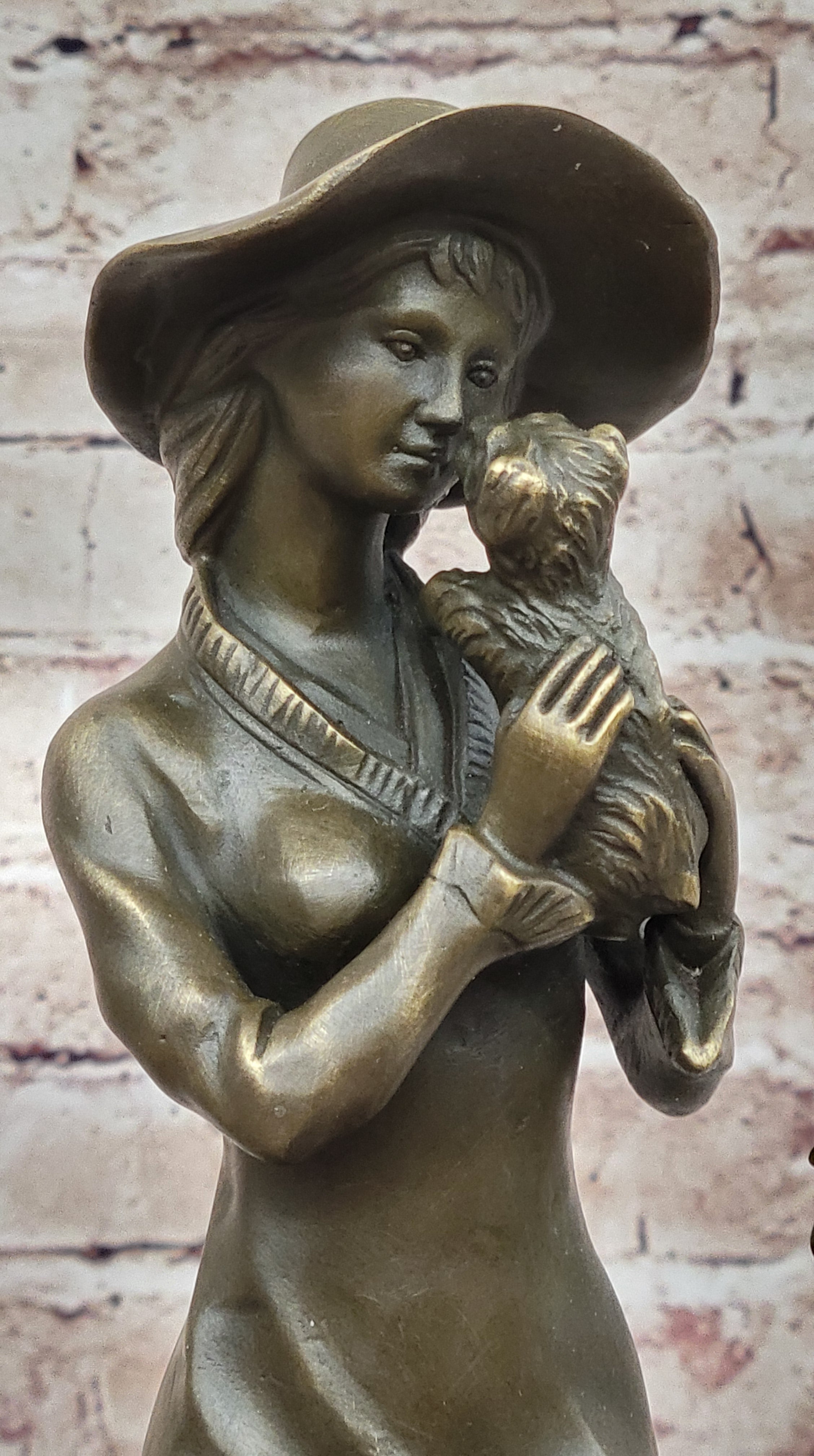 Young Lady Holding Puppy Dog - Signed Bronze Sculpture on Marble