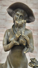 Young Lady Holding Puppy Dog - Signed Bronze Sculpture on Marble