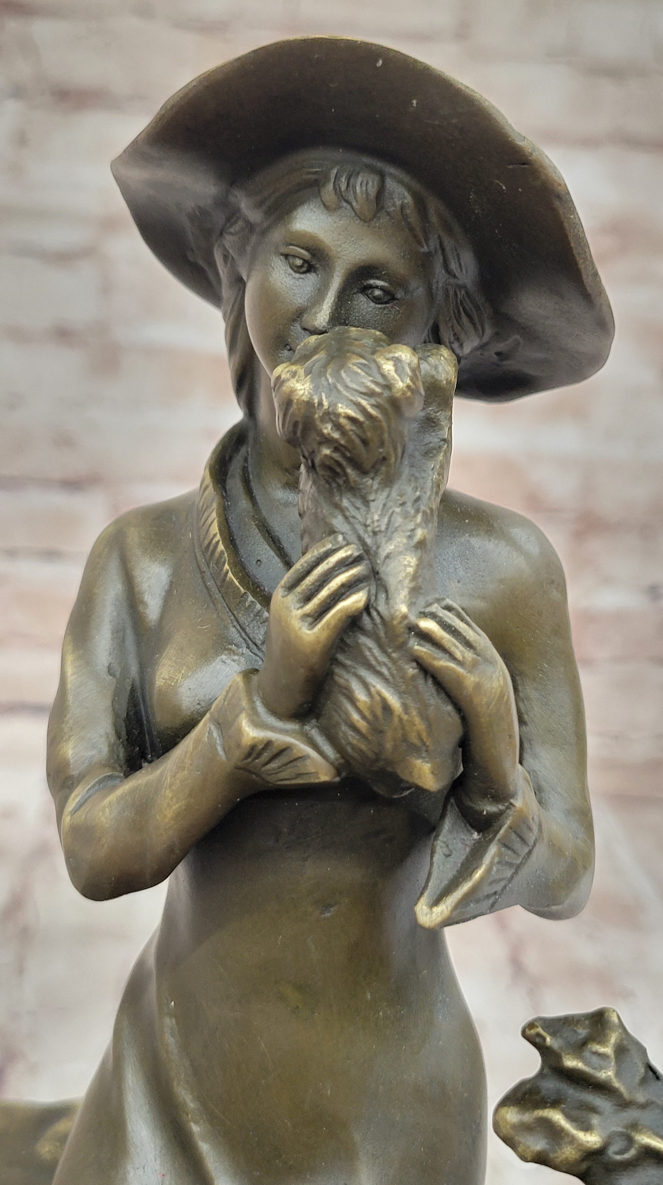 Young Lady Holding Puppy Dog - Signed Bronze Sculpture on Marble