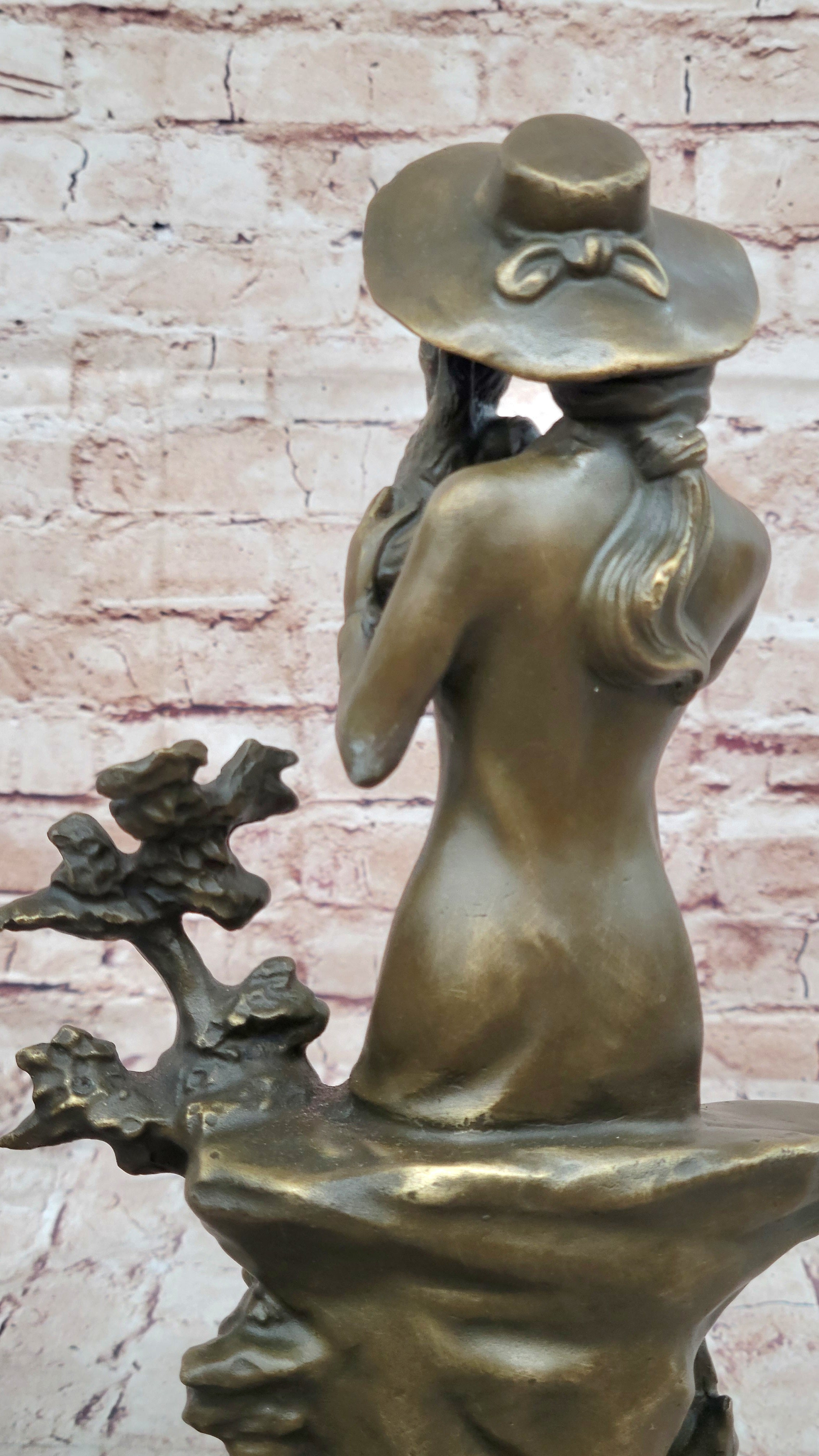 Young Lady Holding Puppy Dog - Signed Bronze Sculpture on Marble