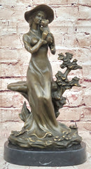 Young Lady Holding Puppy Dog - Signed Bronze Sculpture on Marble