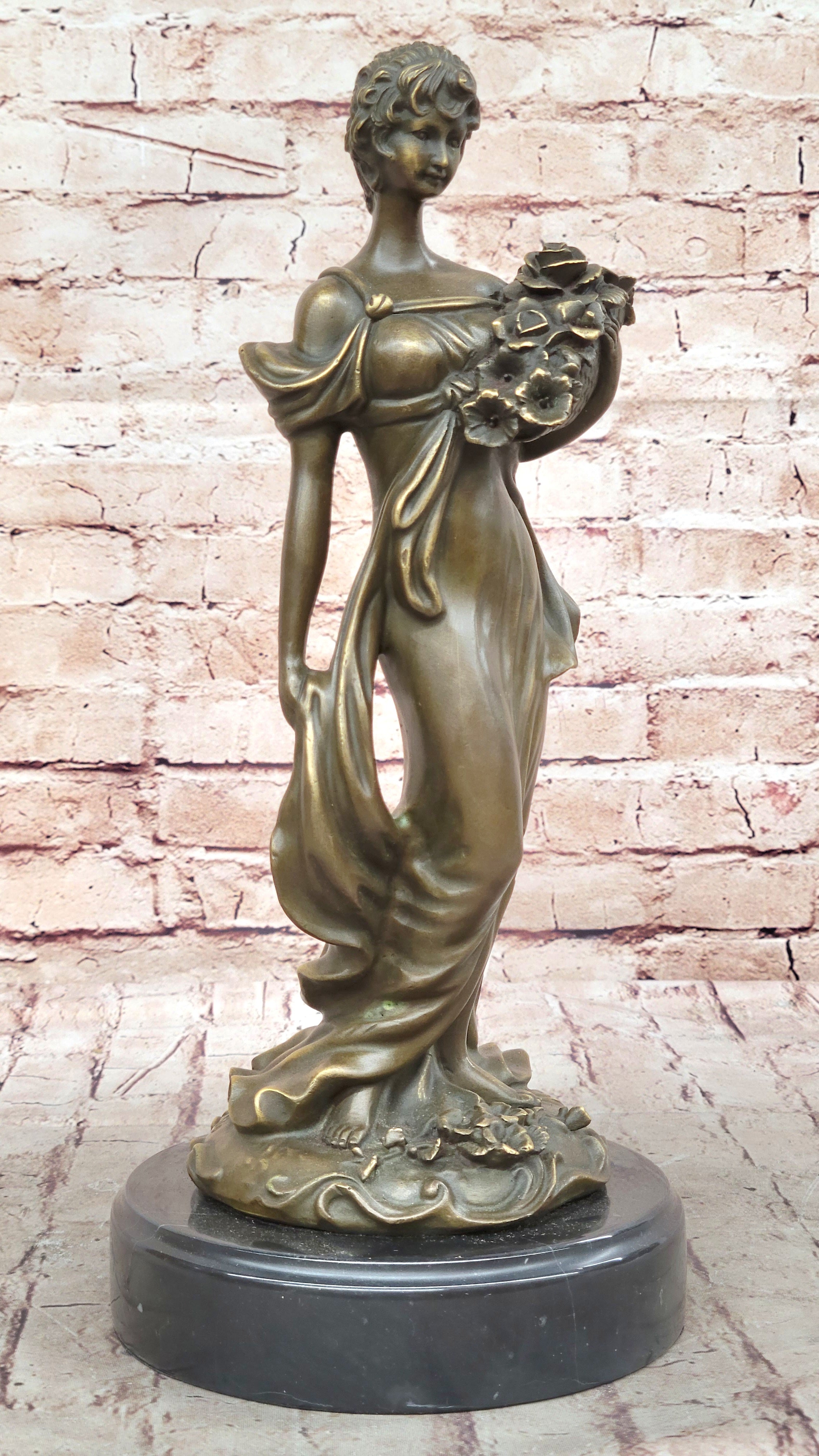 Young Woman Holding Basket of Flowers - Milo Art Deco Bronze
