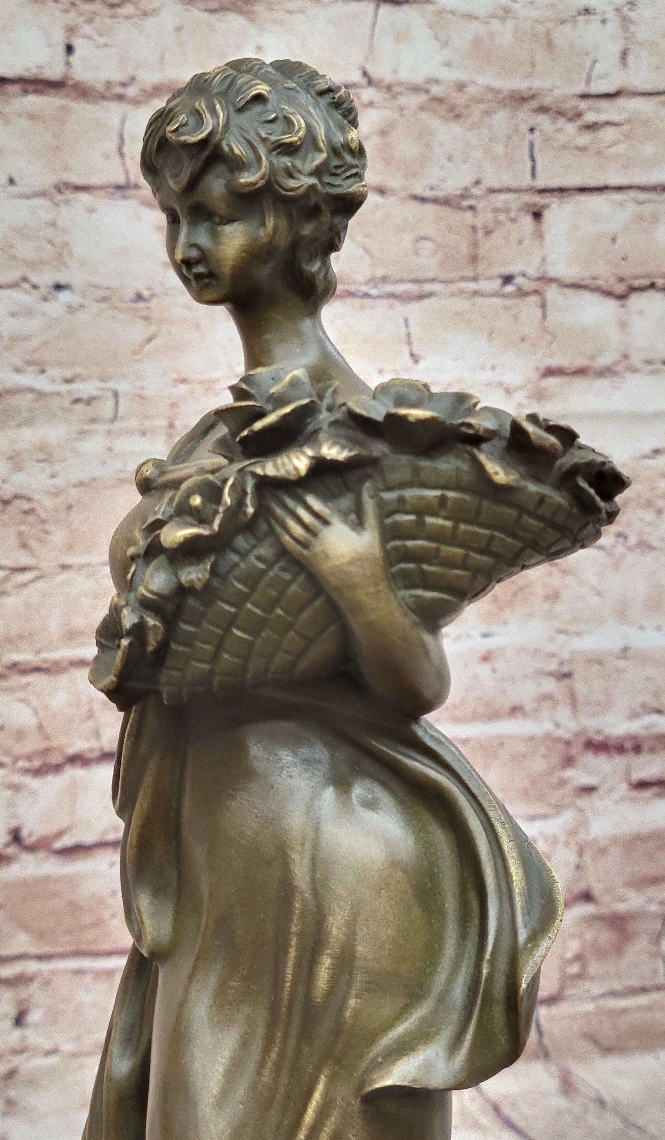 Young Woman Holding Basket of Flowers - Milo Art Deco Bronze
