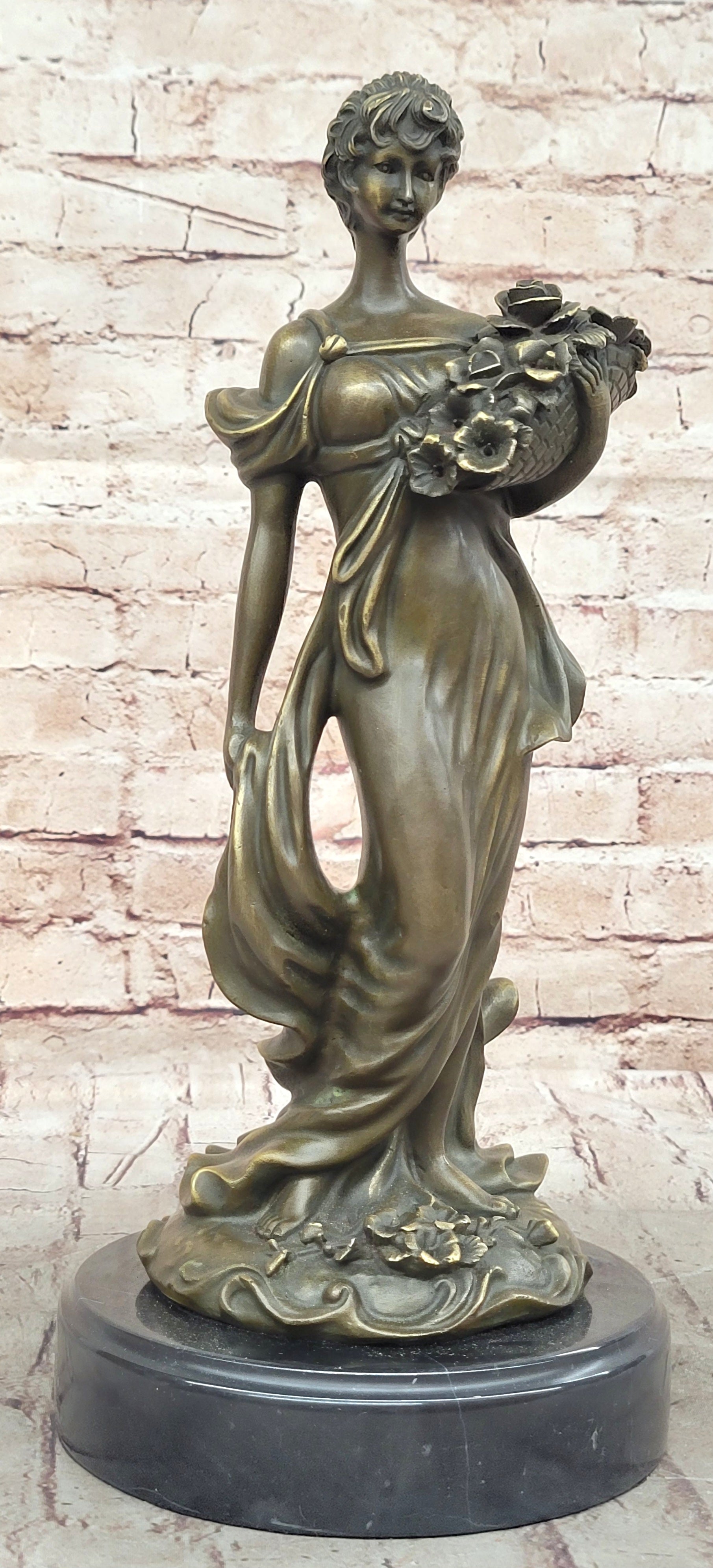 Young Woman Holding Basket of Flowers - Milo Art Deco Bronze