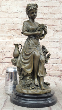 Young Girl w/ Lyre Harp Bronze Sculpture by Milo