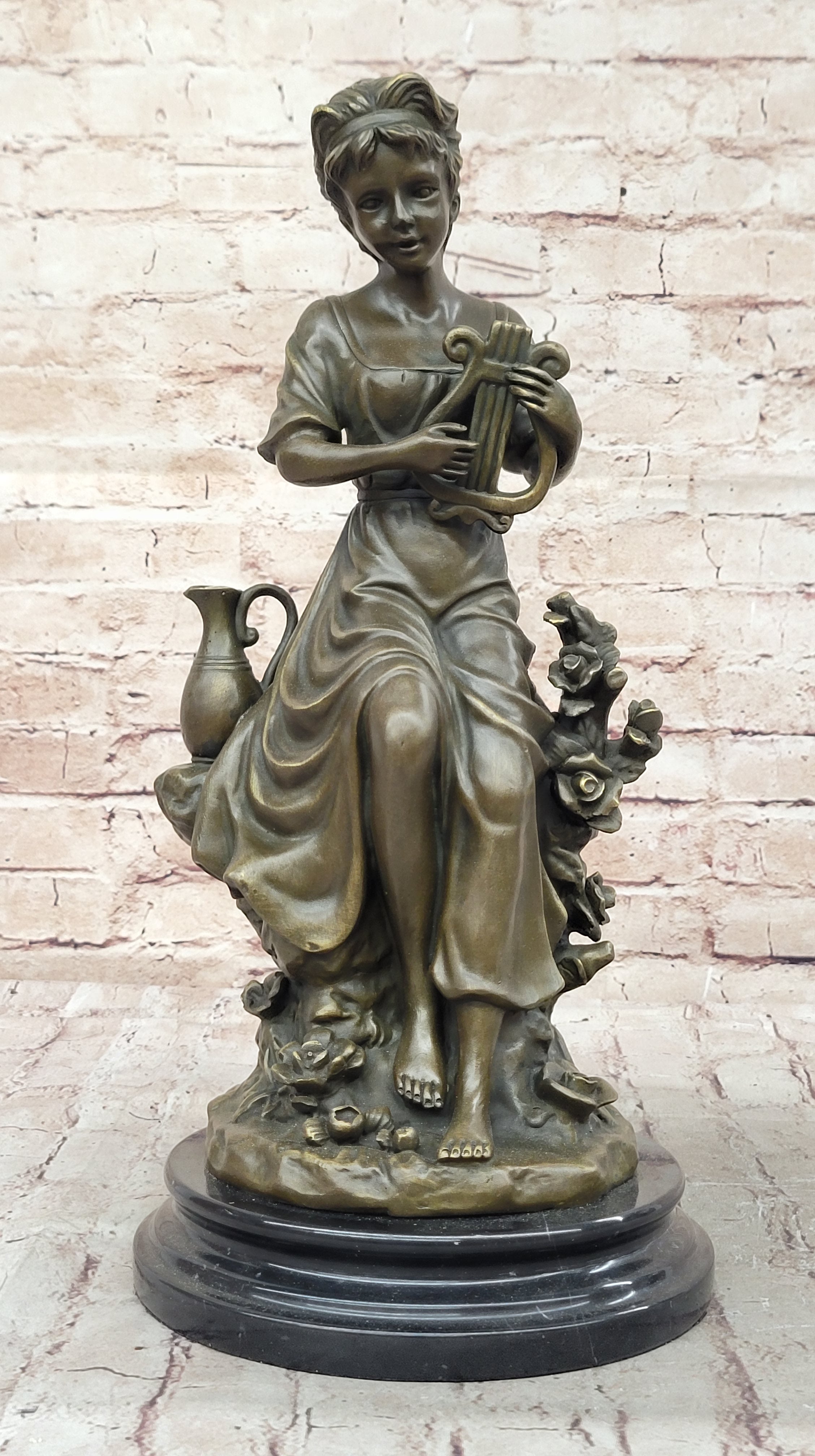 Young Girl w/ Lyre Harp Bronze Sculpture by Milo