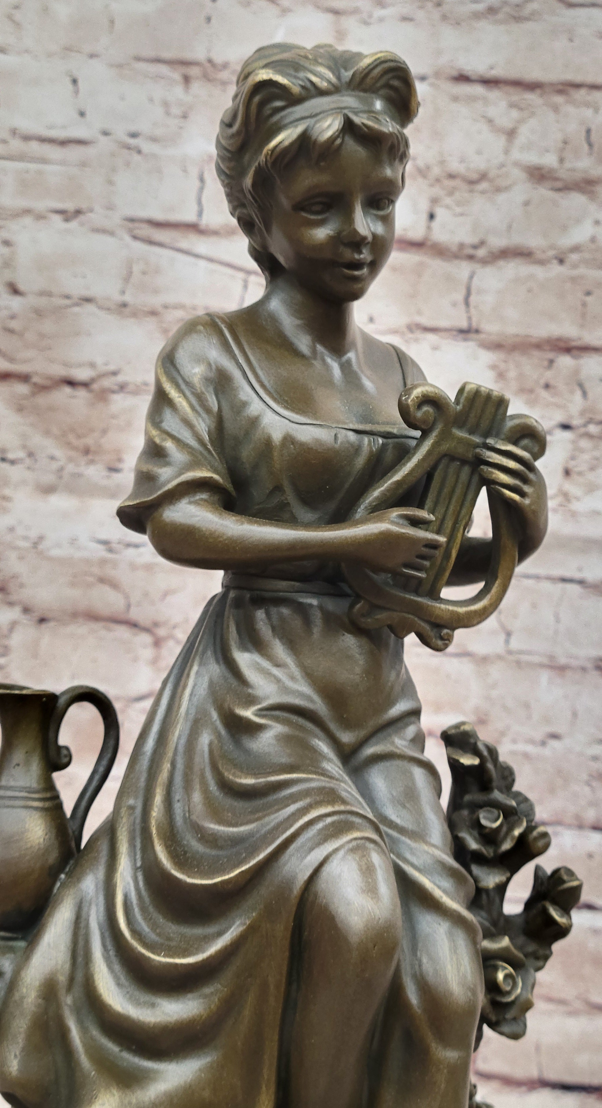 Young Girl w/ Lyre Harp Bronze Sculpture by Milo